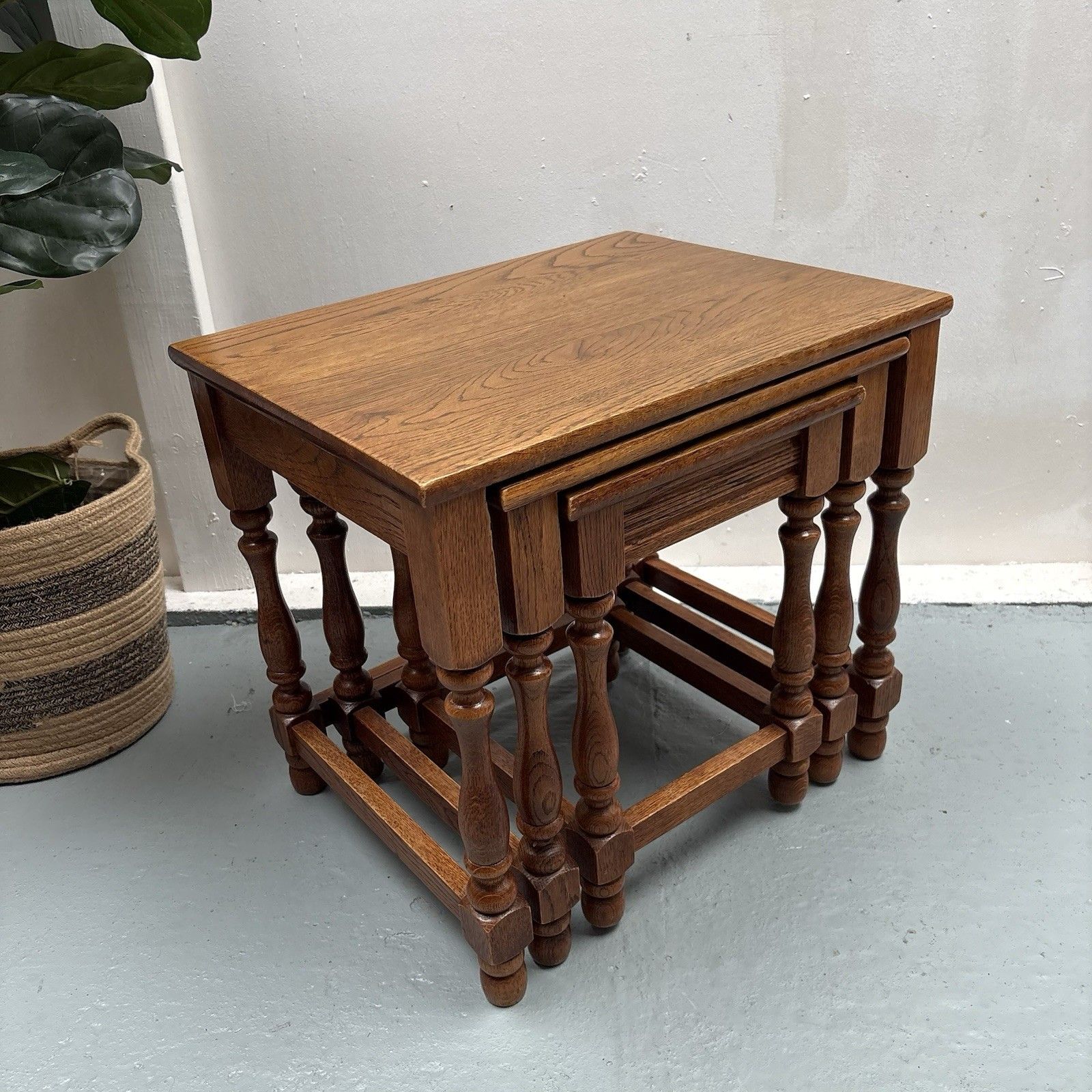 photo for sale Vintage Late 20th Century Heavy Light Oak Nest Of Three Coffee Tables