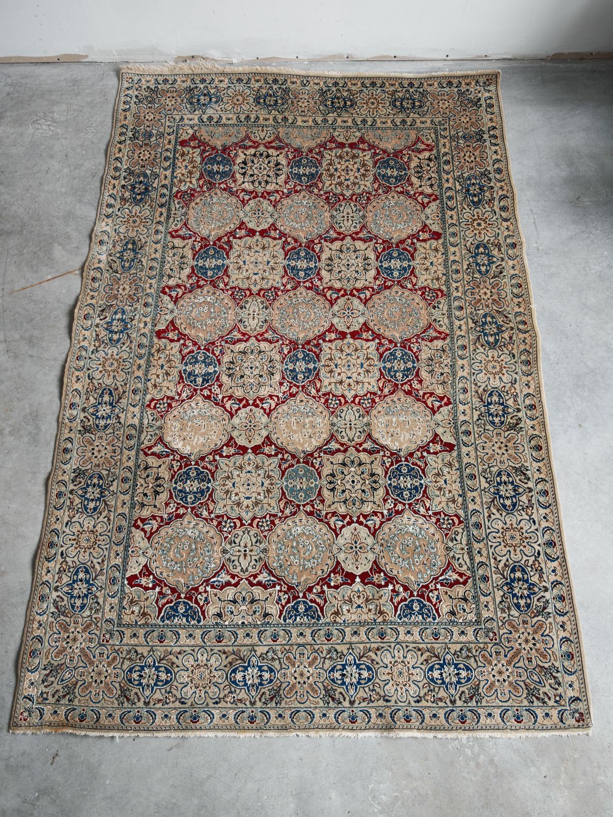 Vintage Hand Knotted Rug In Cream, Red And Blue Wool And Silk, 1960s photo for sale