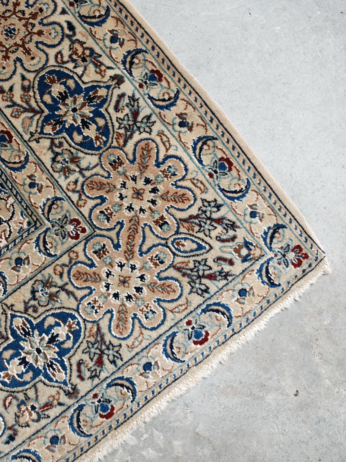 Vintage Hand Knotted Rug In Cream, Red And Blue Wool And Silk, 1960s photo Textiles