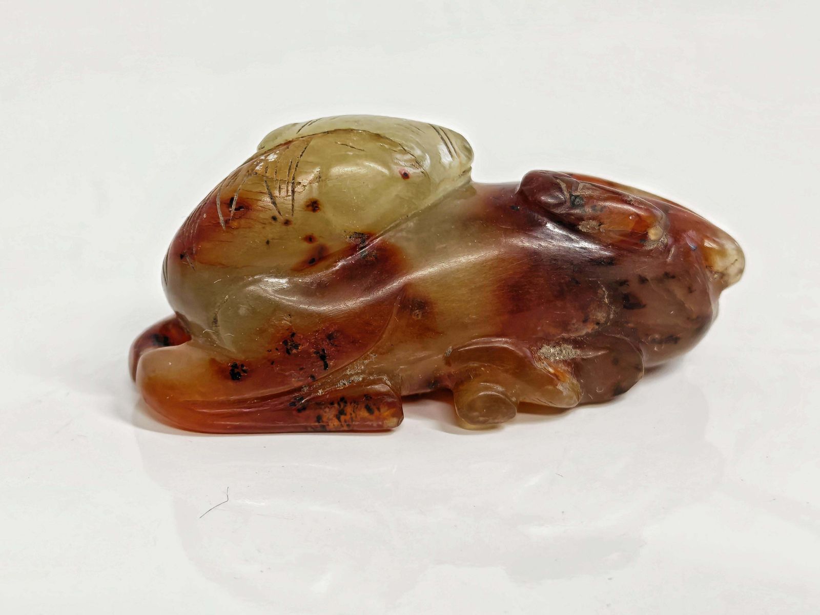 Antique Hand Carved Deer Figurine In Agate Stone, China 19th Century photo for sale
