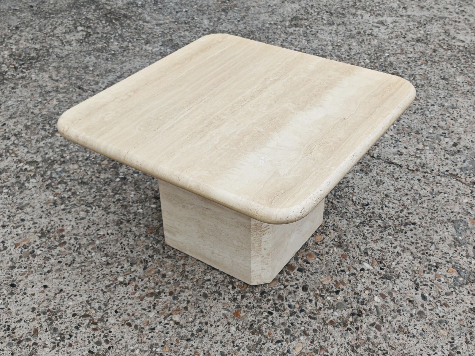 photo furniture Mid Century Modern Square Shaped Coffee Table In Travertine, Italy 1970s