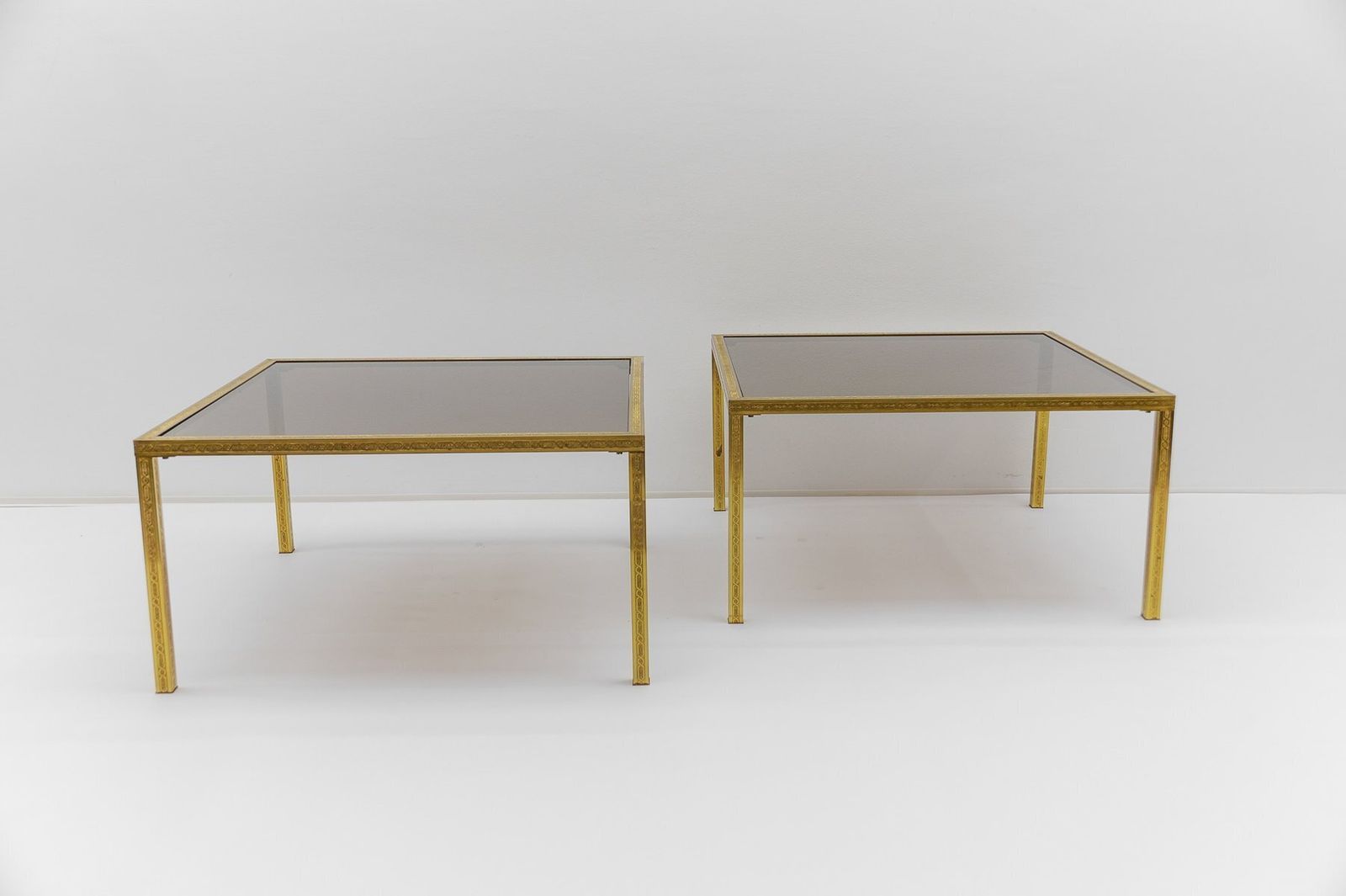 Brass And Smoked Glass Coffee Tables With Ornaments, 1970s, Set Of 2 photo furniture