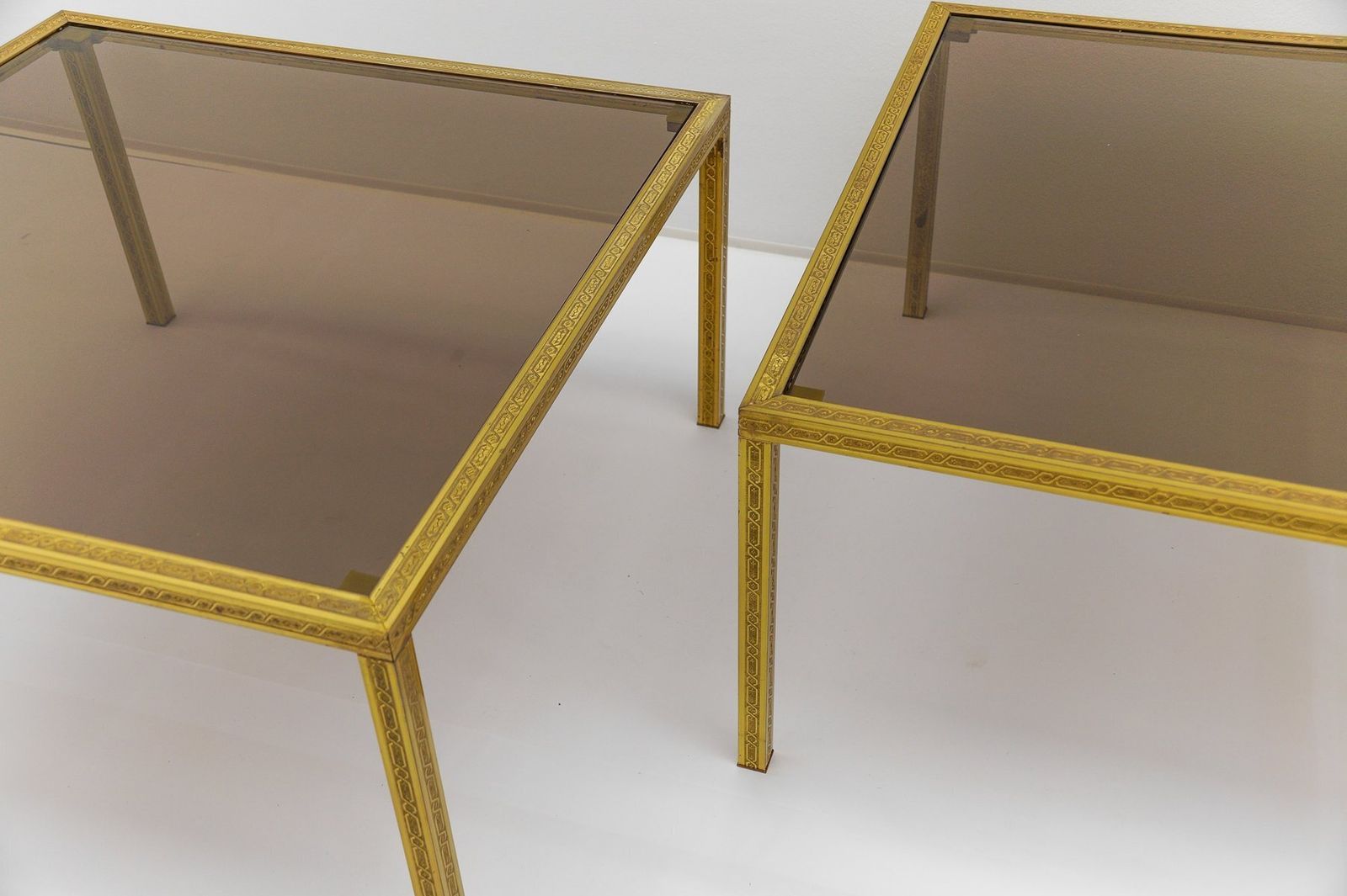 Brass And Smoked Glass Coffee Tables With Ornaments, 1970s, Set Of 2 photo vintage