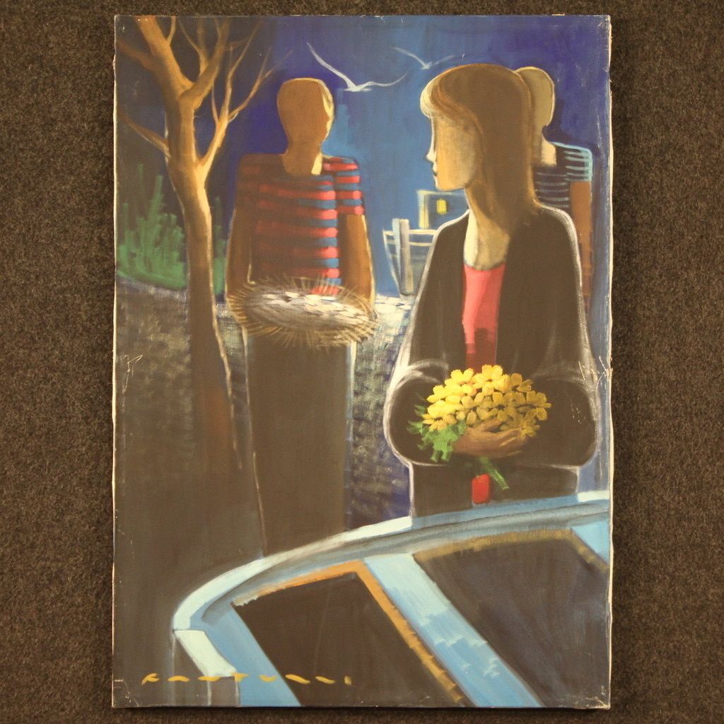 Italian Painting Signed Figures In The Night