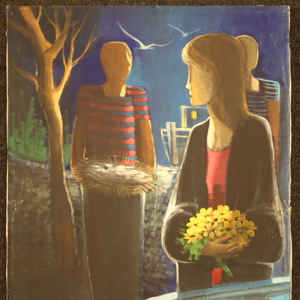 Italian Painting Signed Figures In The Night photo vintage