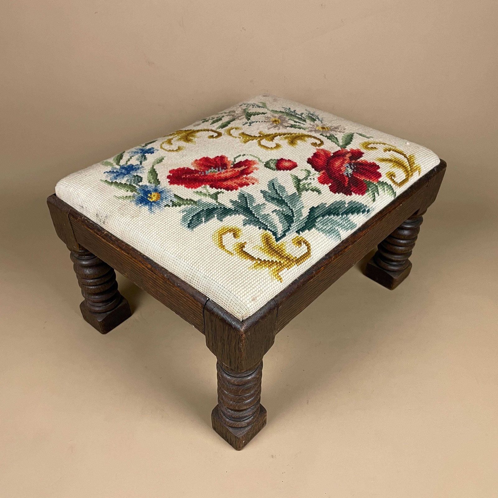 Vintage Needlepoint Footstool Floral Oak Base Embroidered Upholstered Stool Hand Stitched Flower Decor Cottage Foot Rest Traditional Vintage photo Furniture