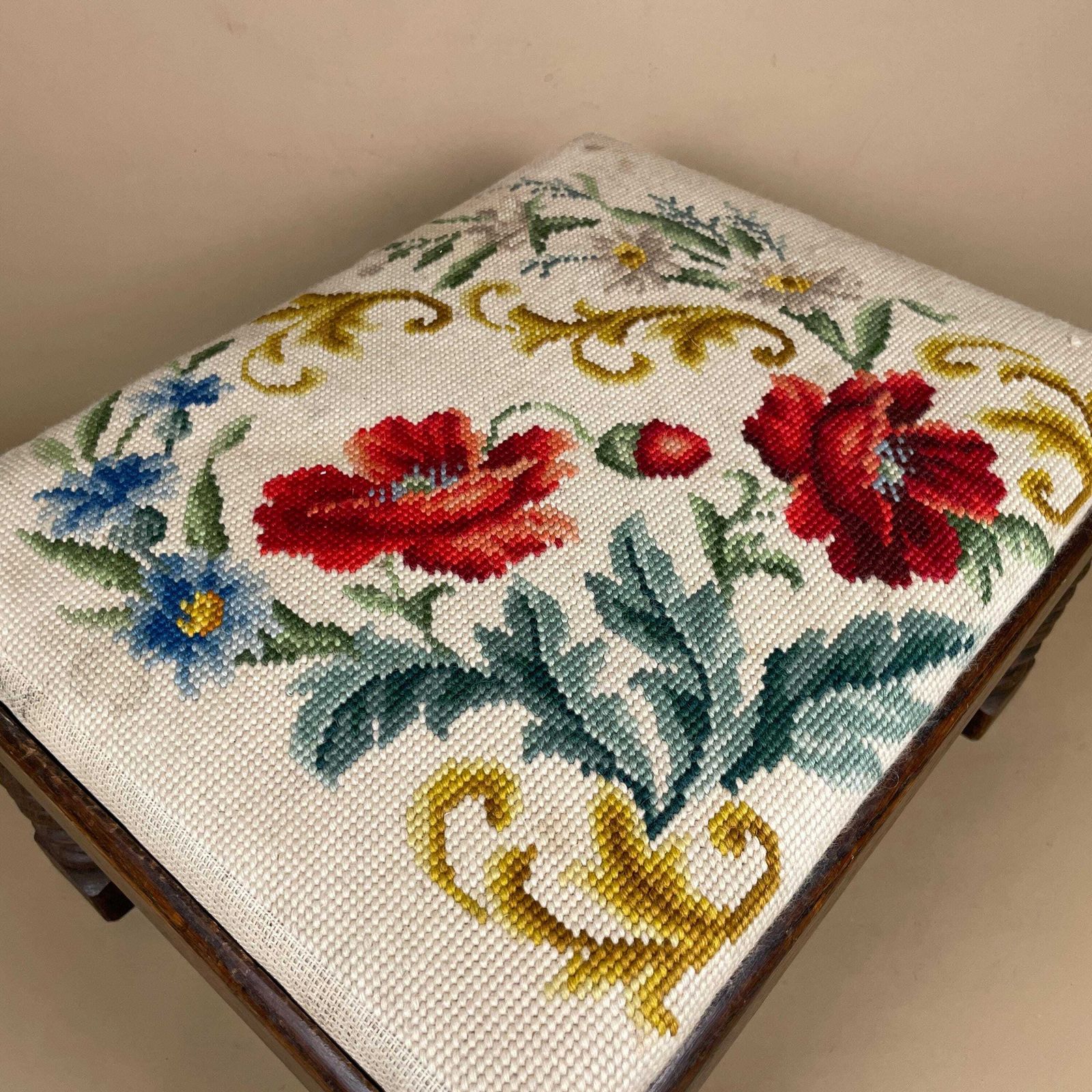 Vintage Needlepoint Footstool Floral Oak Base Embroidered Upholstered Stool Hand Stitched Flower Decor Cottage Foot Rest Traditional Vintage photo 79.0