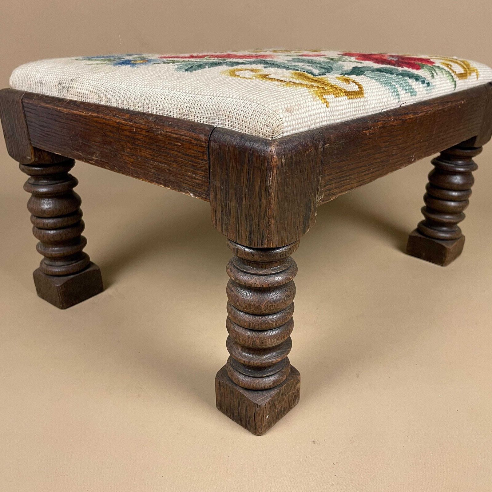 Vintage Needlepoint Footstool Floral Oak Base Embroidered Upholstered Stool Hand Stitched Flower Decor Cottage Foot Rest Traditional Vintage photo buy