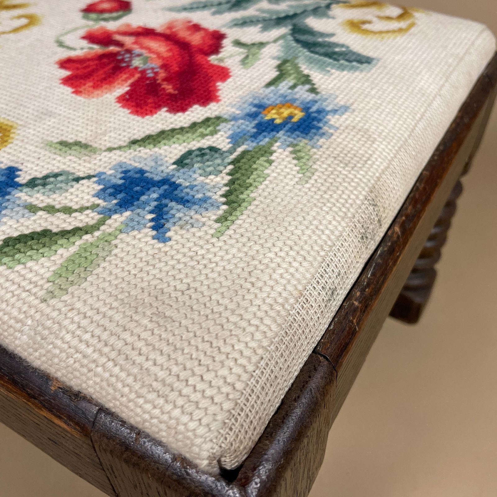 photo for sale Vintage Needlepoint Footstool Floral Oak Base Embroidered Upholstered Stool Hand Stitched Flower Decor Cottage Foot Rest Traditional Vintage
