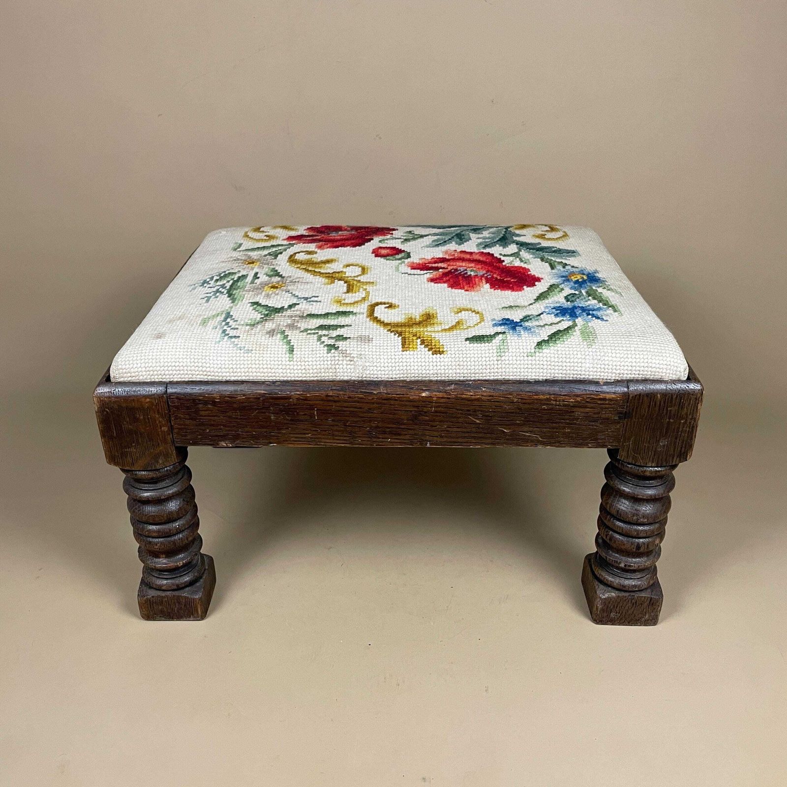 79.0 Vintage Needlepoint Footstool Floral Oak Base Embroidered Upholstered Stool Hand Stitched Flower Decor Cottage Foot Rest Traditional Vintage photo