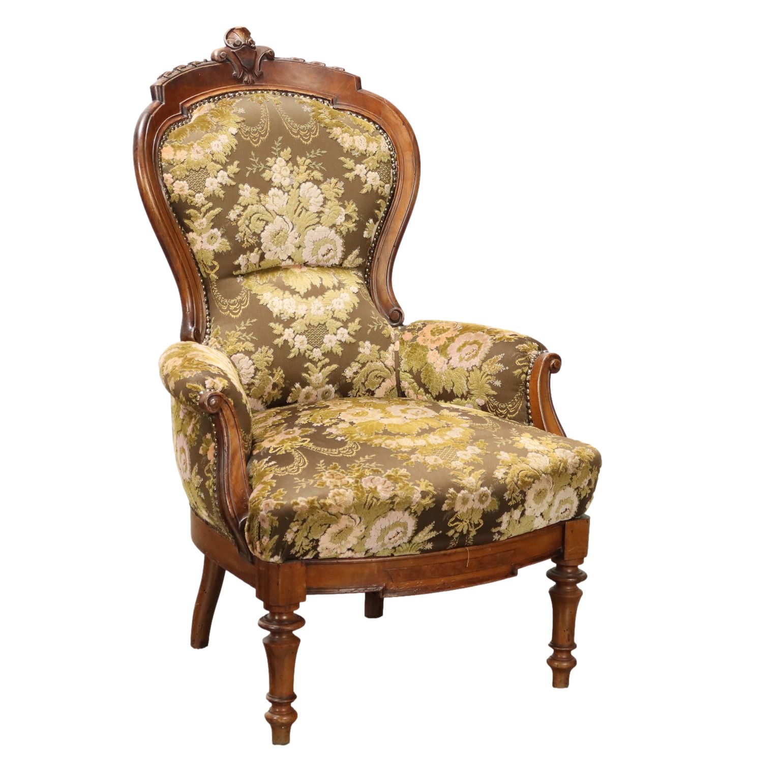 Antique Armchair Umbertino Walnut Fabric Italy XIX Century