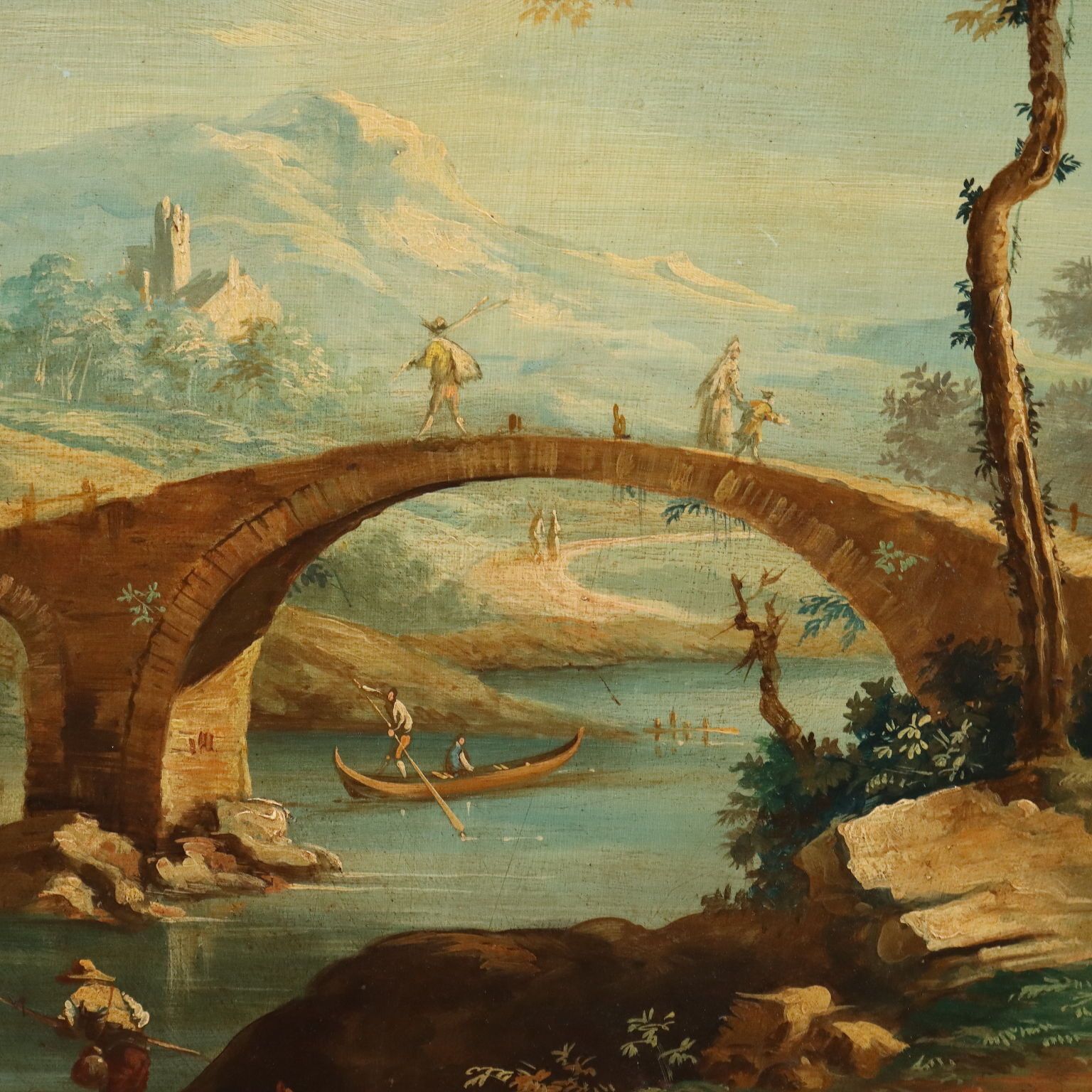 Antique Painting Landscape With River Oil On Hardboard XVIII Century photo Art