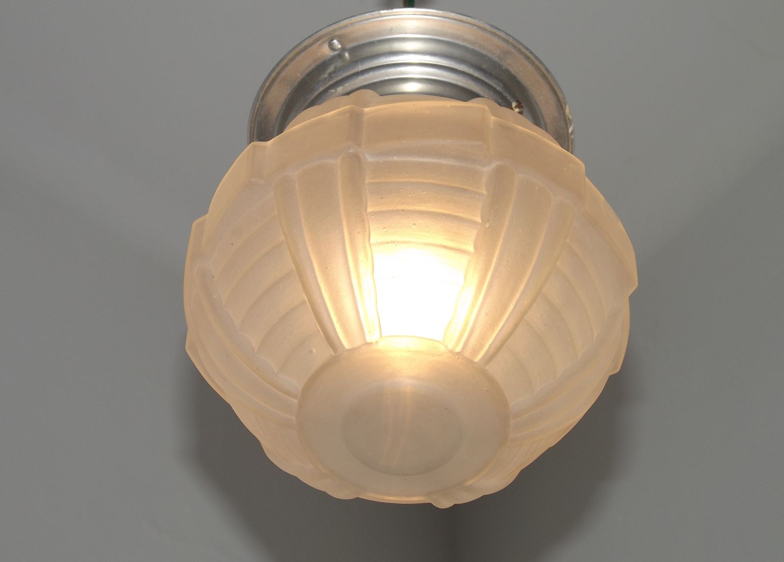 French Art Deco White Opaque Glass Shade Ceiling Light/ Lamp With Silver Metal Shade Fitter