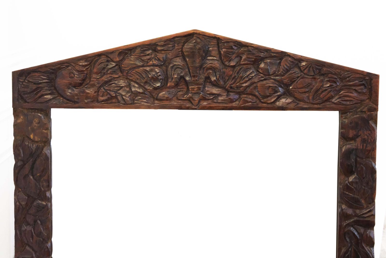 20th Century Large Brown Hand Carved Wooden Mirror With Organic Motif photo for sale