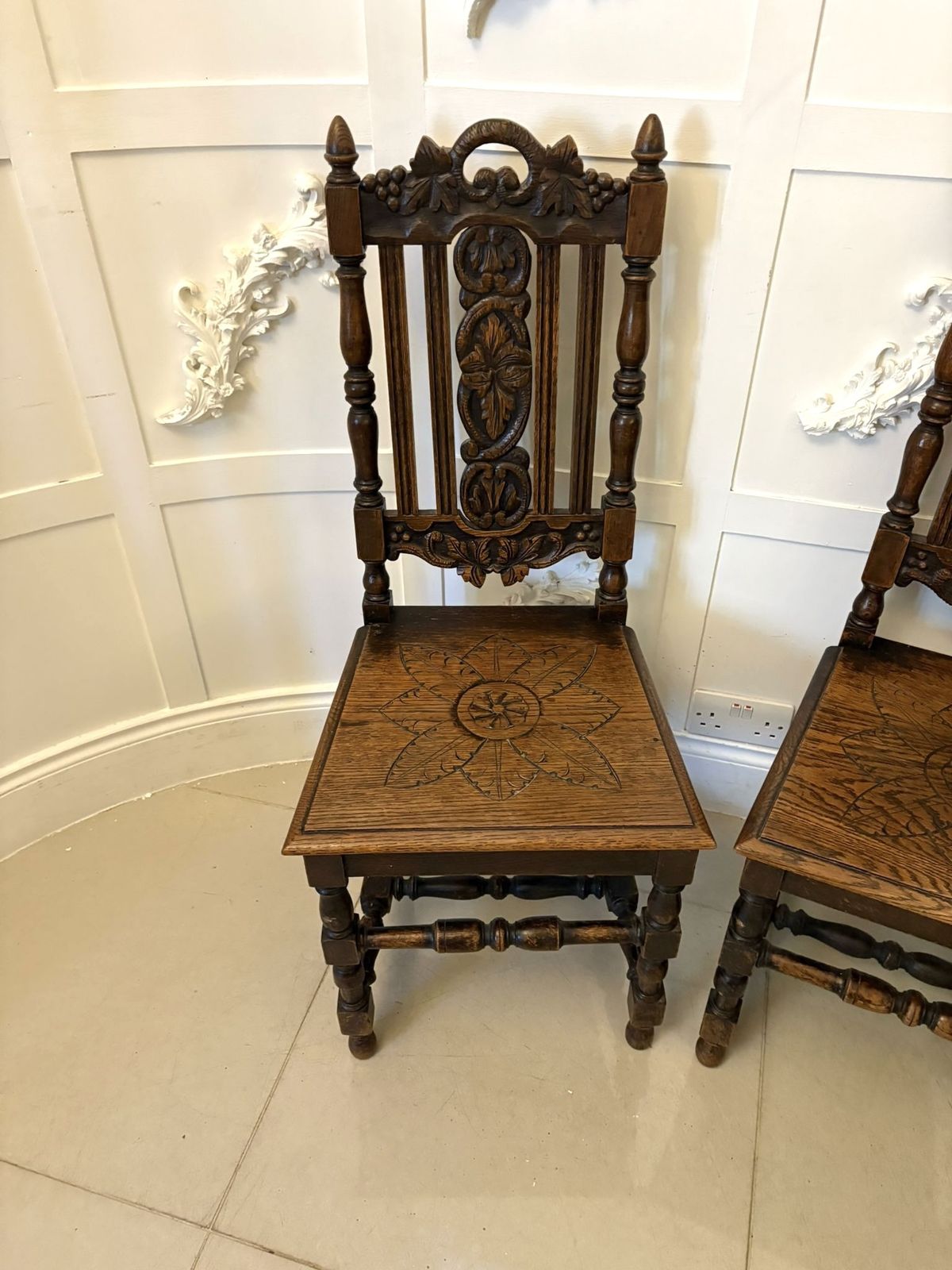 Antique 19th Century Pair Of Quality Carved Oak Side Chairs photo vinterior