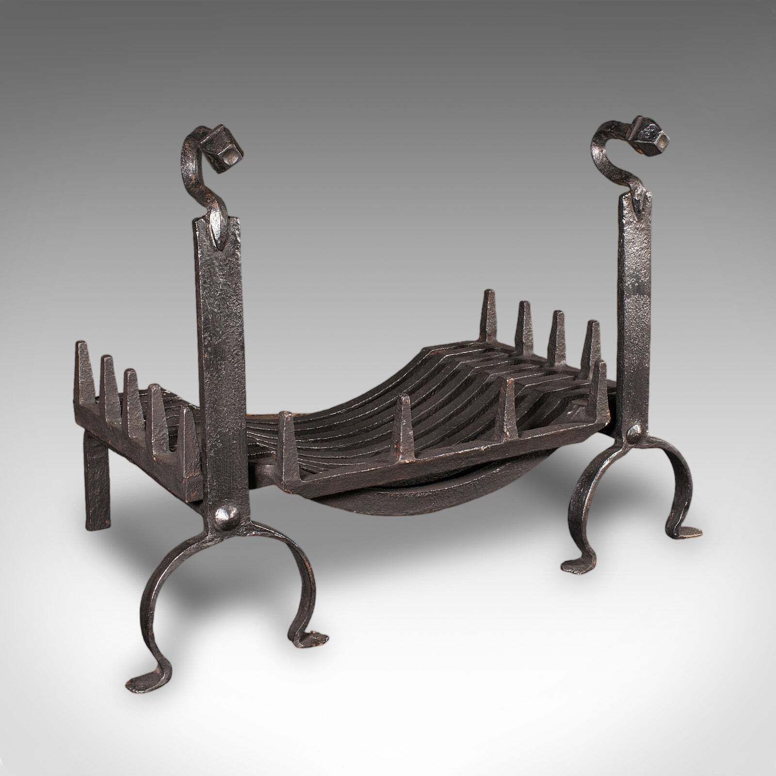Antique Fireplace Set, English, Wrought Iron, Fire Basket, Andirons, Victorian
