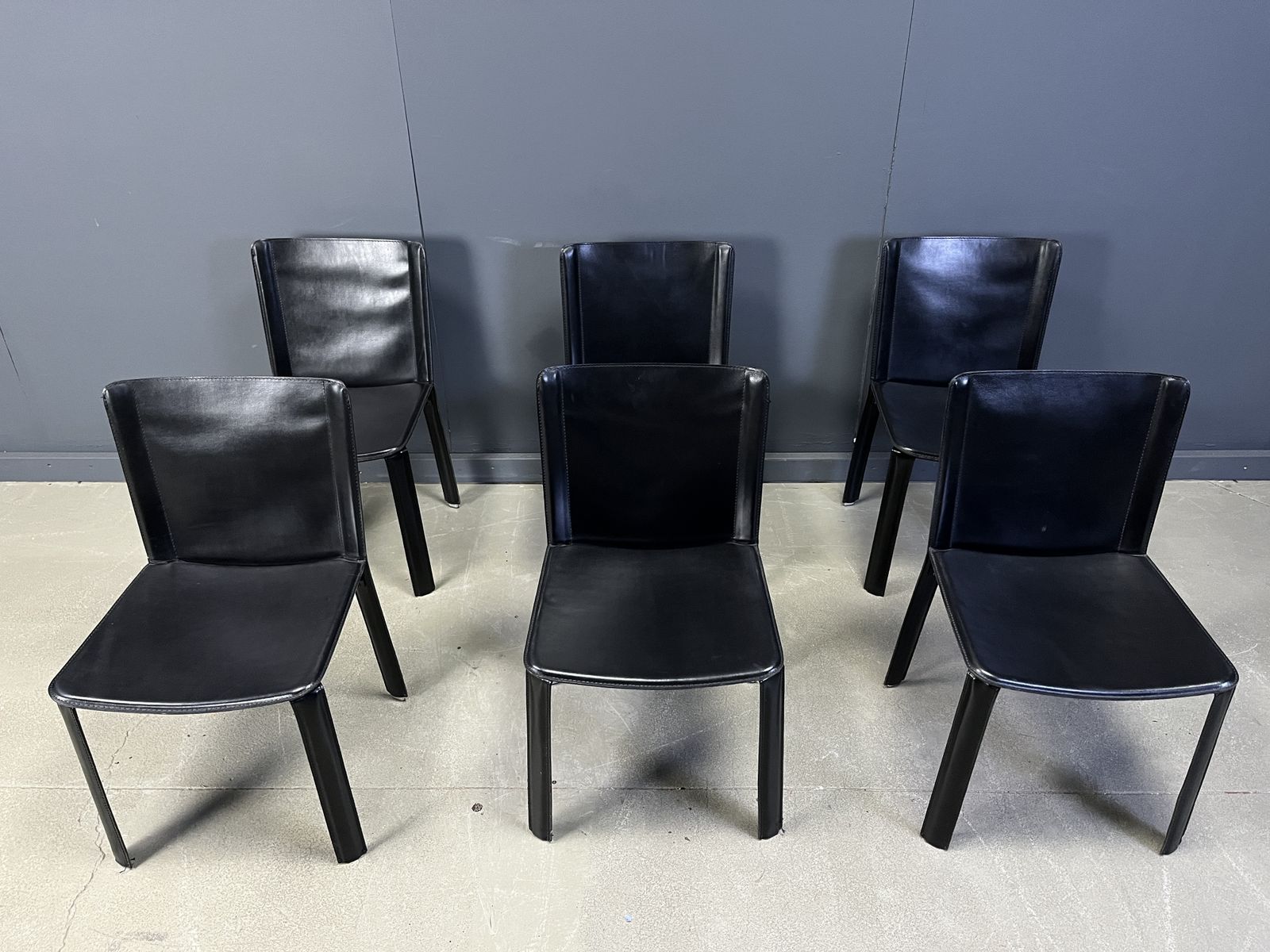 photo for sale Vintage Black Leather Dining Chairs By Cidue, Set Of 6   1980s