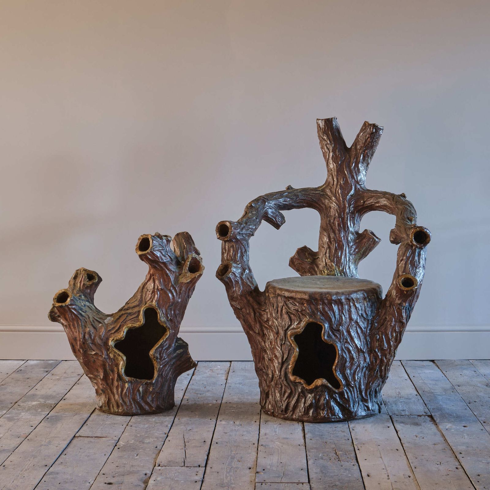 19th Century Salt Glazed Faux Bois Strawberry Planters