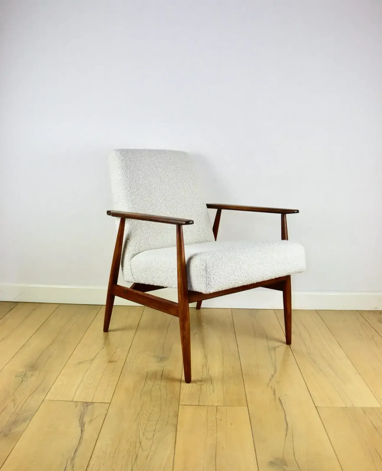 Armchair „ Lis”, 1970s White Boucle Design Henryk Lis   Dark Wood   2 Pieces Available photo for sale