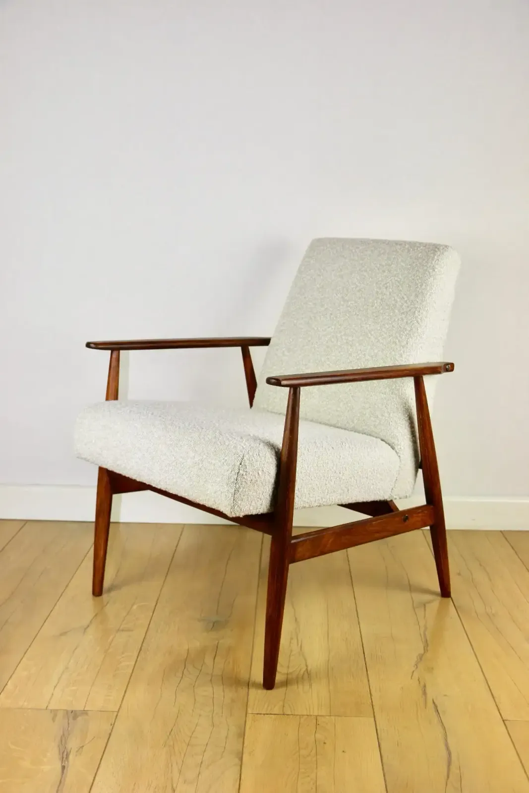Furniture Armchair „ Lis”, 1970s White Boucle Design Henryk Lis   Dark Wood   2 Pieces Available photo