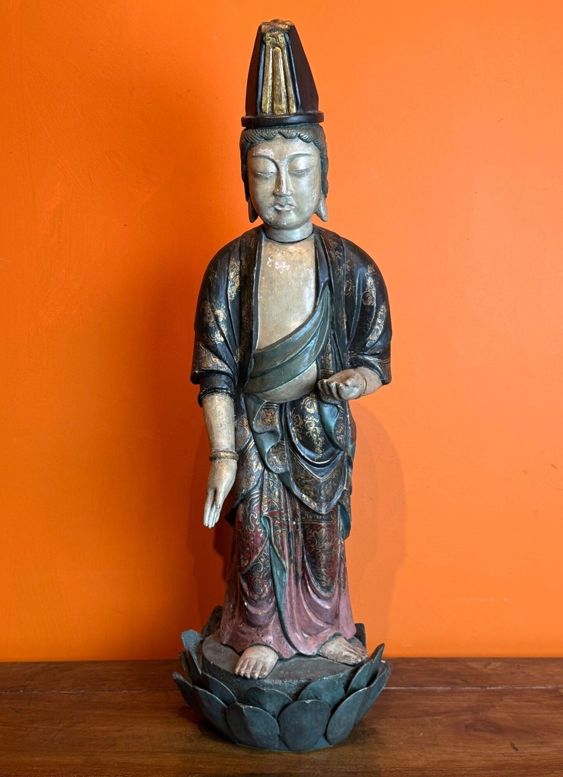 Large 19th Century Chinese Polychrome Painted Carved Wood Figure Of Guanyin photo Art