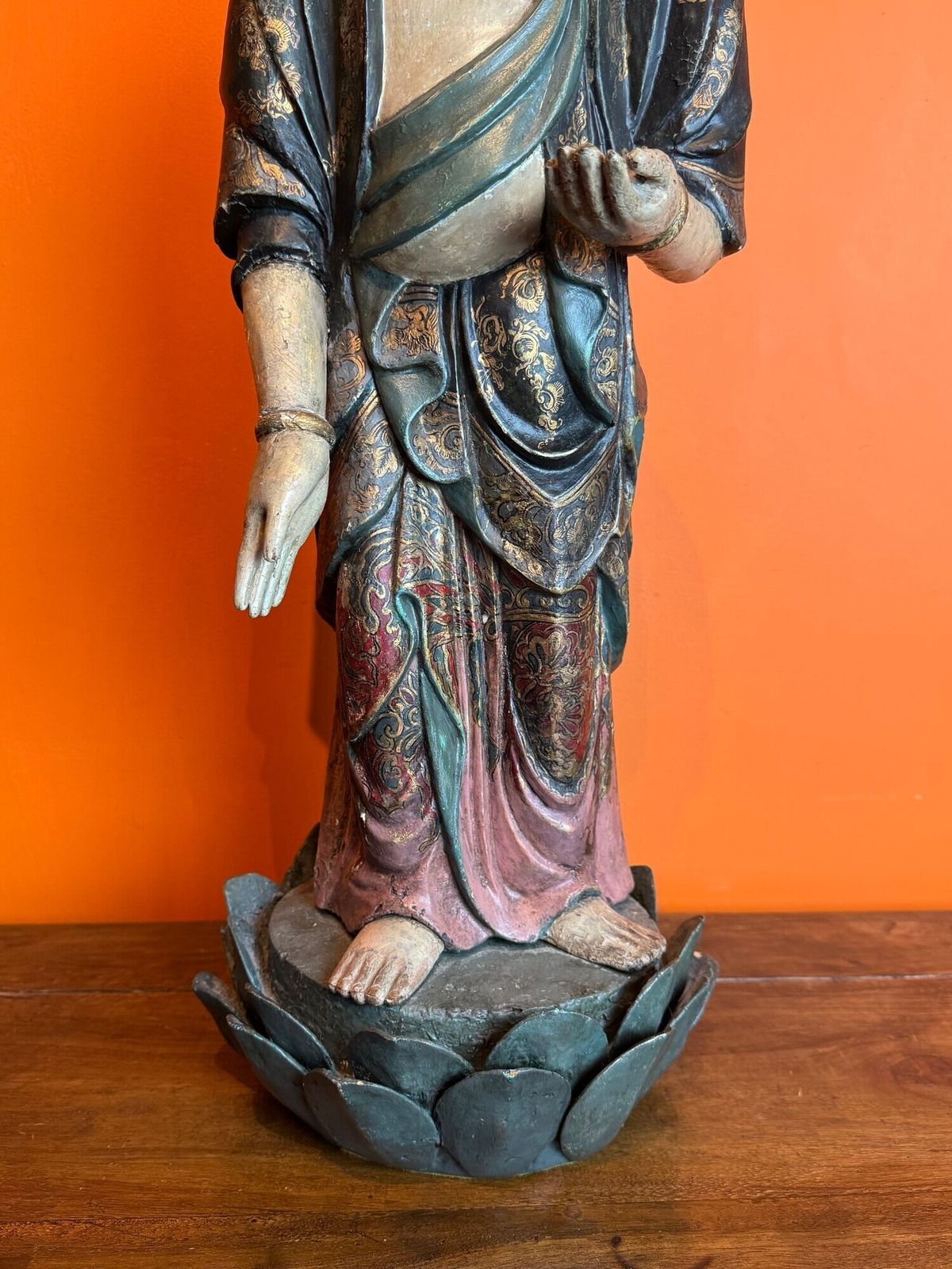 Large 19th Century Chinese Polychrome Painted Carved Wood Figure Of Guanyin photo 995.0