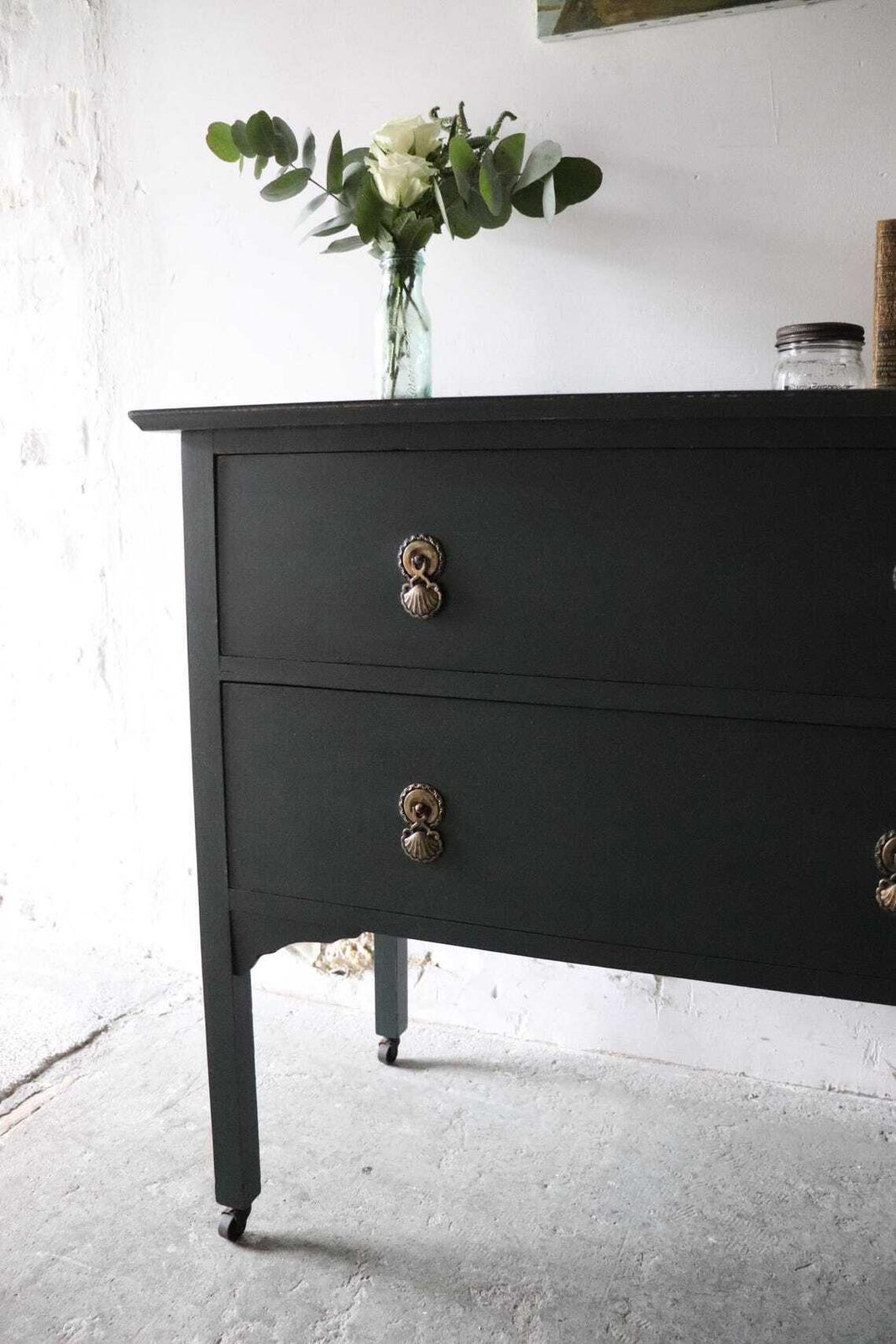 Dark Green Painted Vintage Two Drawer Washstand Or Chest Of Drawers On Castors photo Furniture