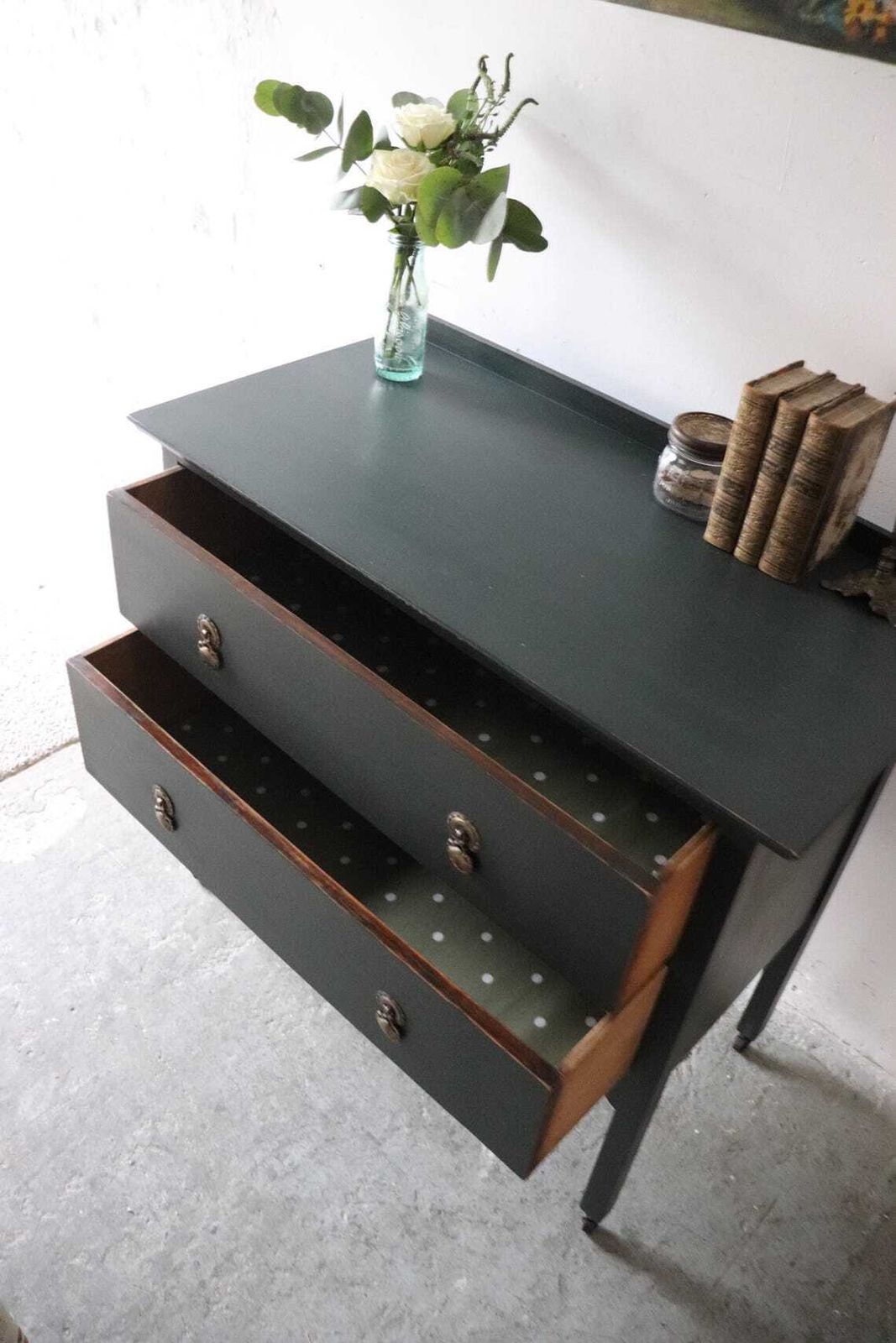 Dark Green Painted Vintage Two Drawer Washstand Or Chest Of Drawers On Castors photo buy