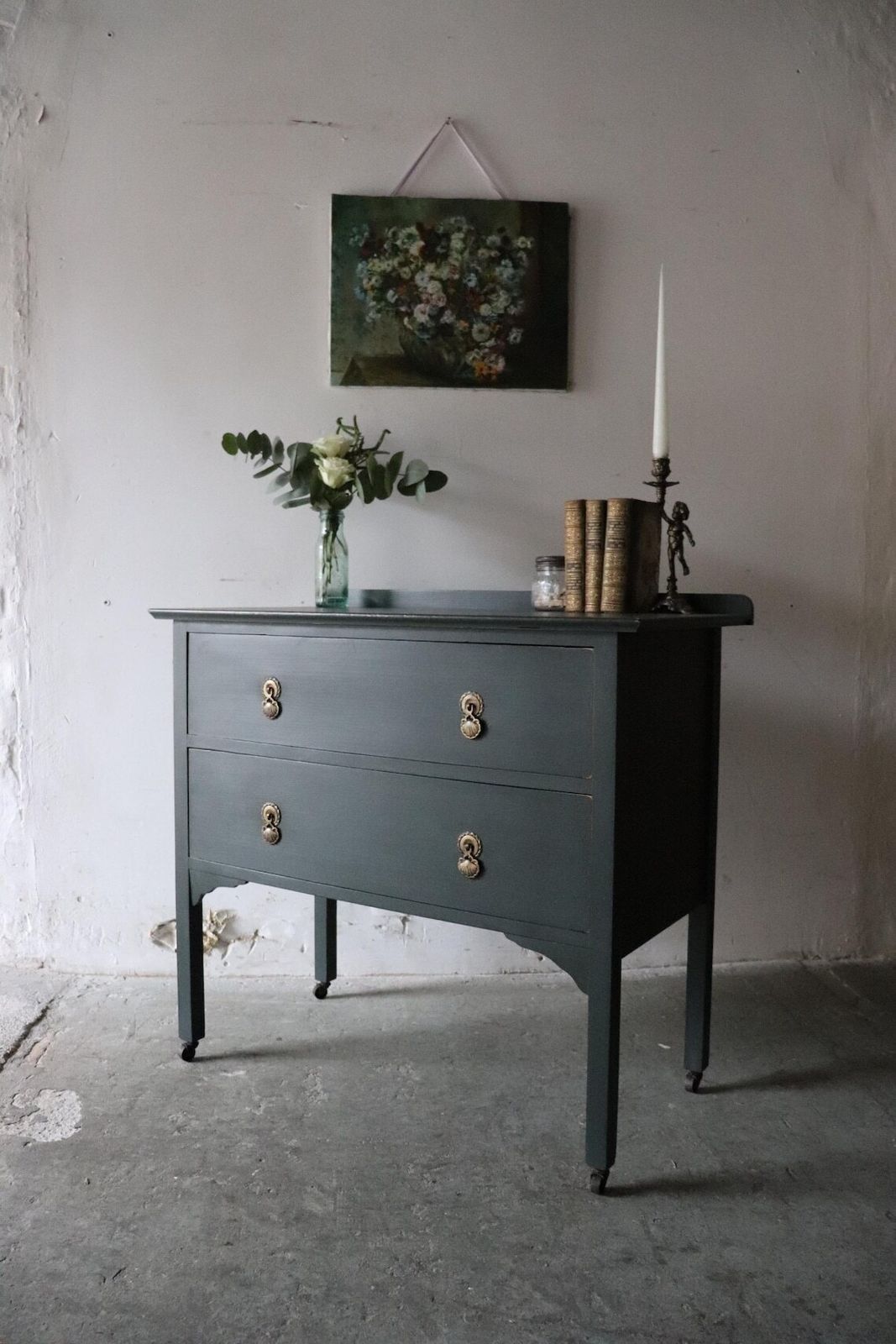 photo for sale Dark Green Painted Vintage Two Drawer Washstand Or Chest Of Drawers On Castors