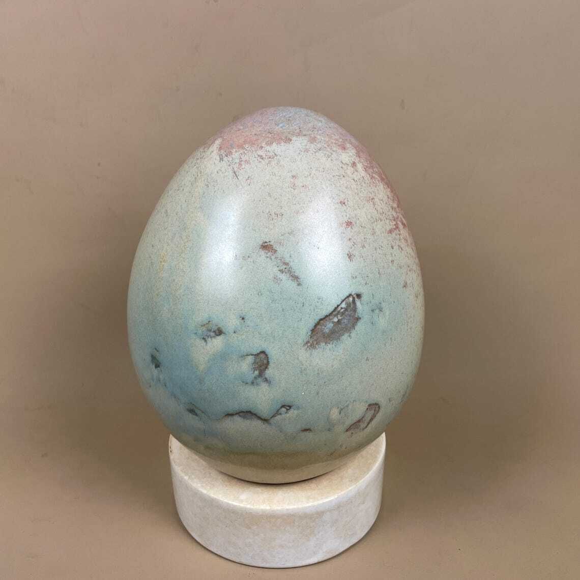 Large Ceramic Egg Sculpture Blue Pink Raku Style Glazed Art Ornament With Stand Modern Studio Pottery Decor Pastel Home Accent Contemporary photo for sale