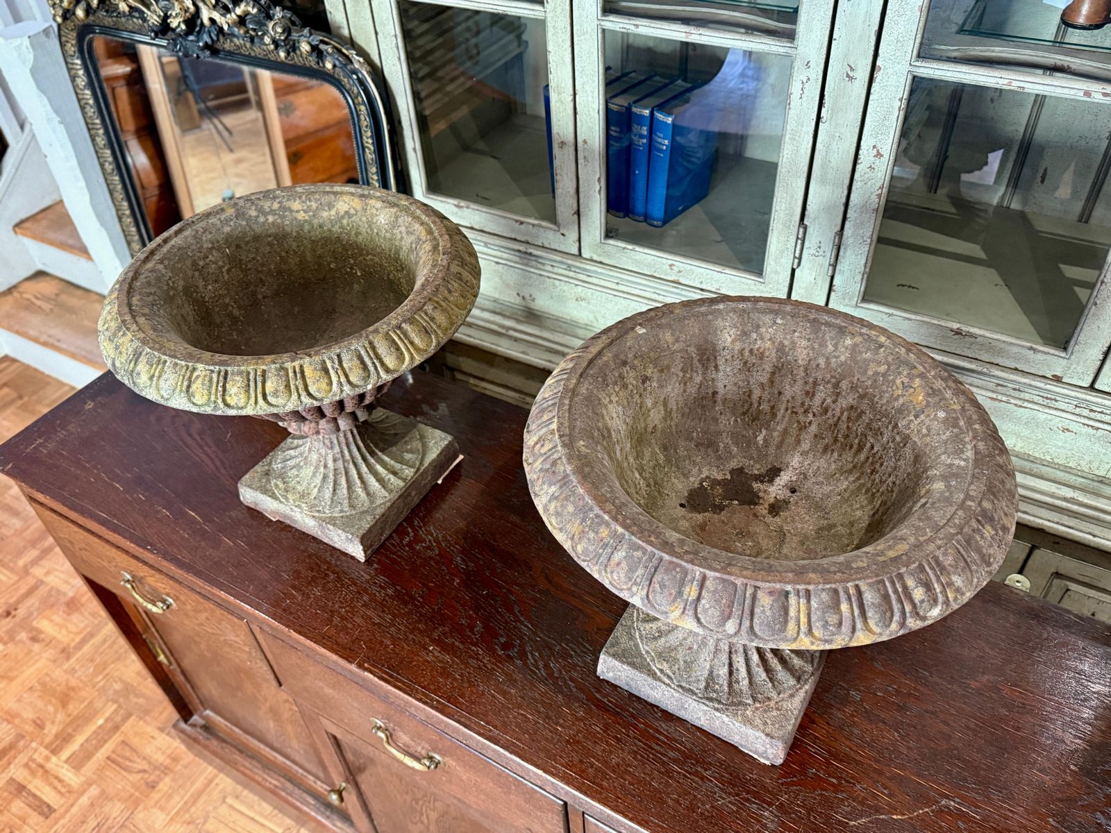 Pair Of Antique French Cast Iron Urns / Planters photo for sale