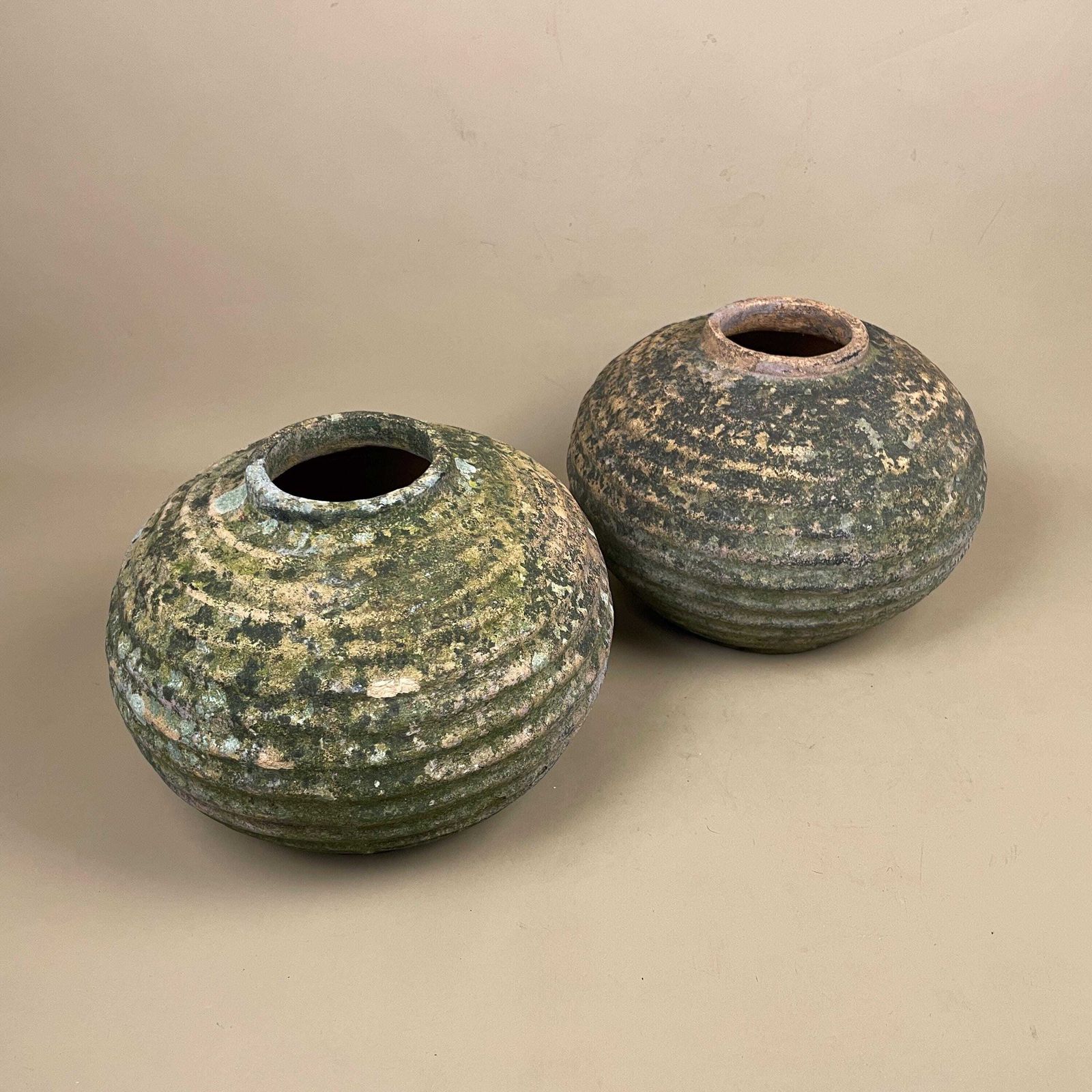 Pair Rustic Clay Pots Weathered Earthenware Vessels Wabi Sabi Primitive Decor Natural Handmade Pottery Home Accent Textured Indoor Outdoor photo vinterior