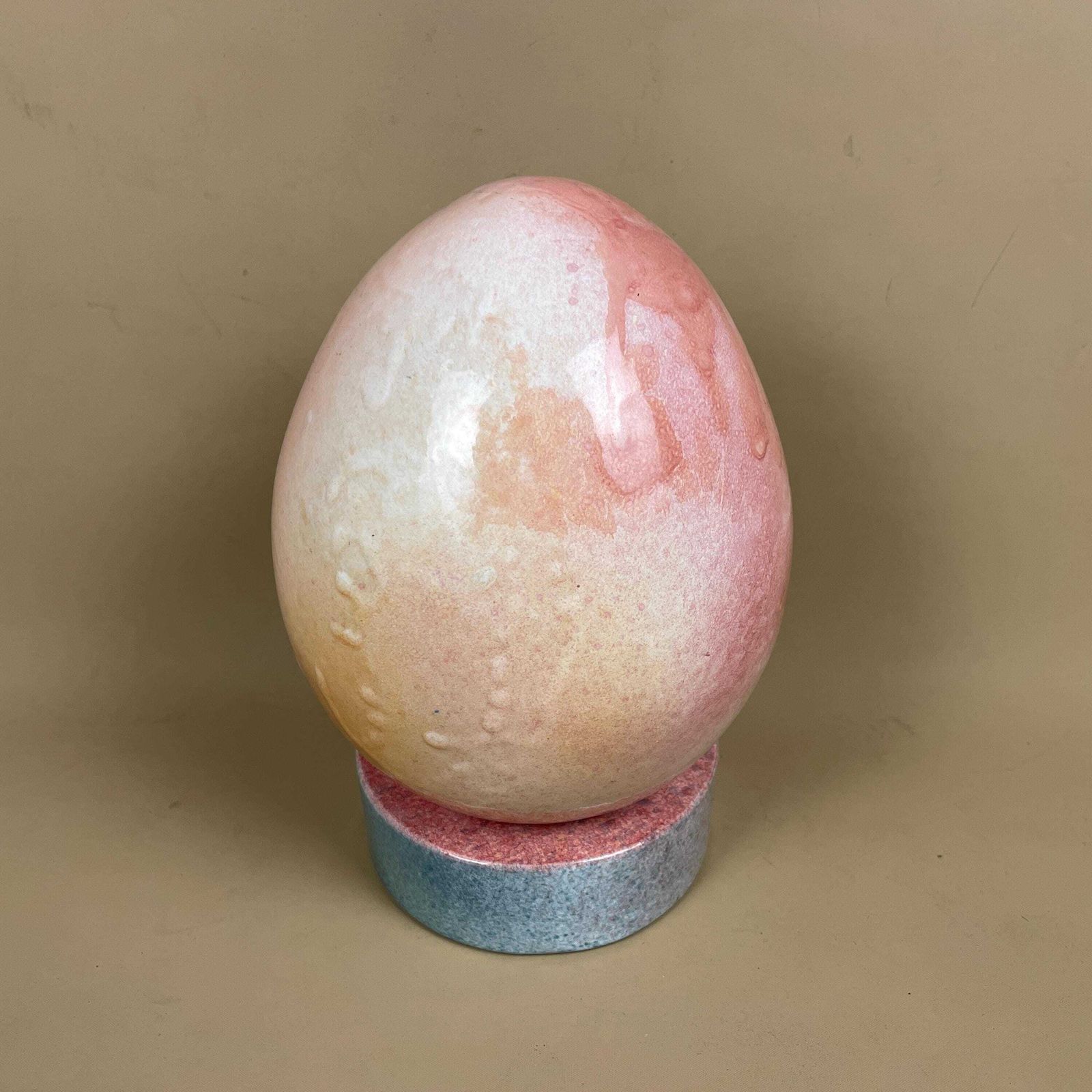 Large Ceramic Egg Sculpture Pink Raku Style Glazed Art Ornament With Stand Modern Studio Pottery Egg Decor Pastel Home Accent Contemporary