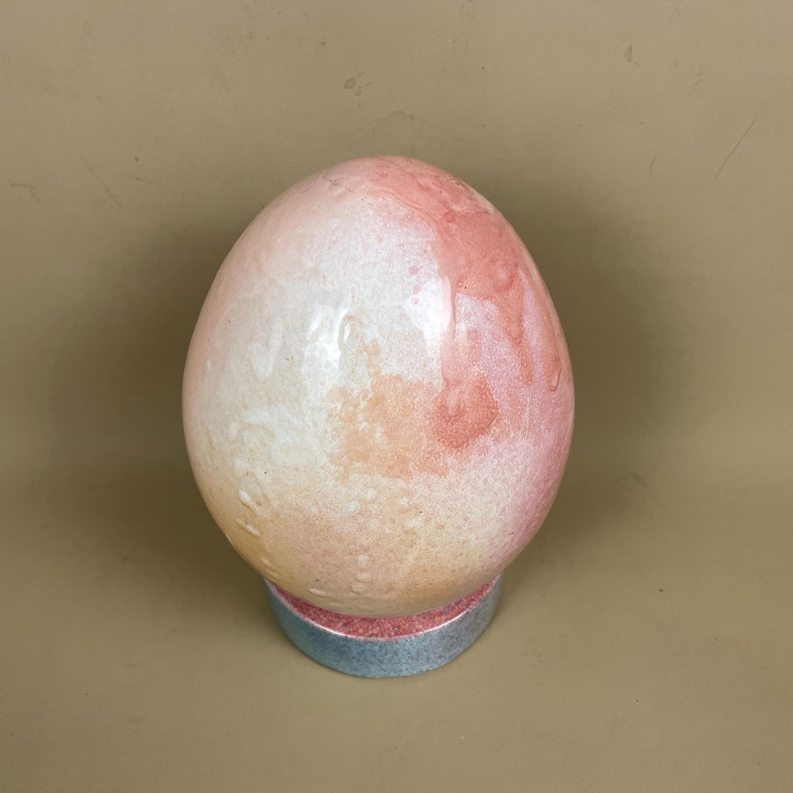 Large Ceramic Egg Sculpture Pink Raku Style Glazed Art Ornament With Stand Modern Studio Pottery Egg Decor Pastel Home Accent Contemporary photo Art
