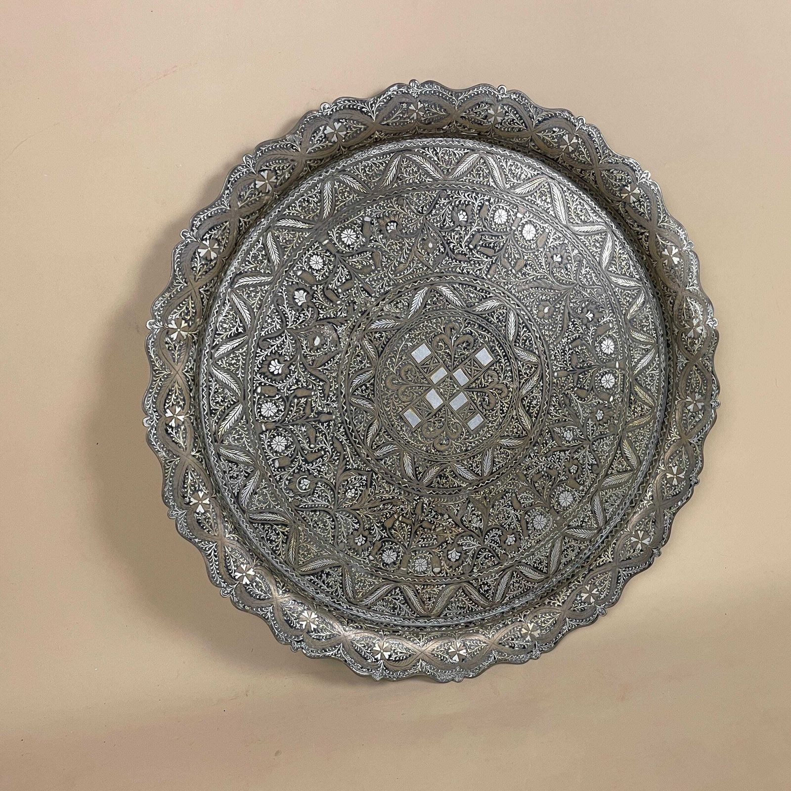 Antique Metal Gold Indian Patterned Brass Tray 40cm Plate Asian Handmade Etched Intricate Decorative Pattern Wall Art Round Vintage Silver photo vinterior