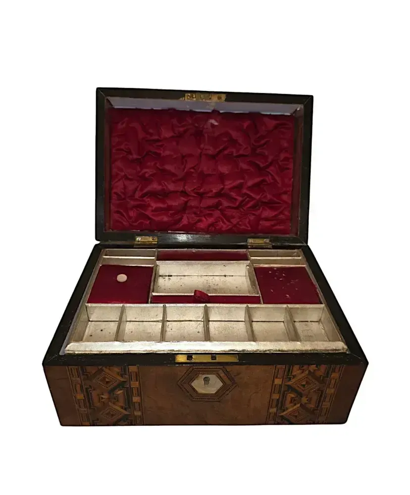 A Lovely 19th Century Inlaid Walnut Jewellery Or Sewing Box photo furniture