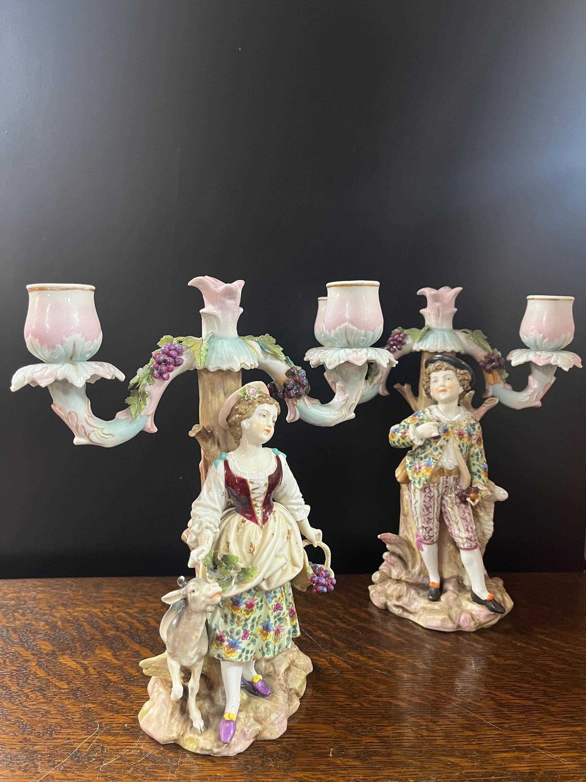 Antique German 19th C Sitzendorf 2 Branch Porcelain Candelabras