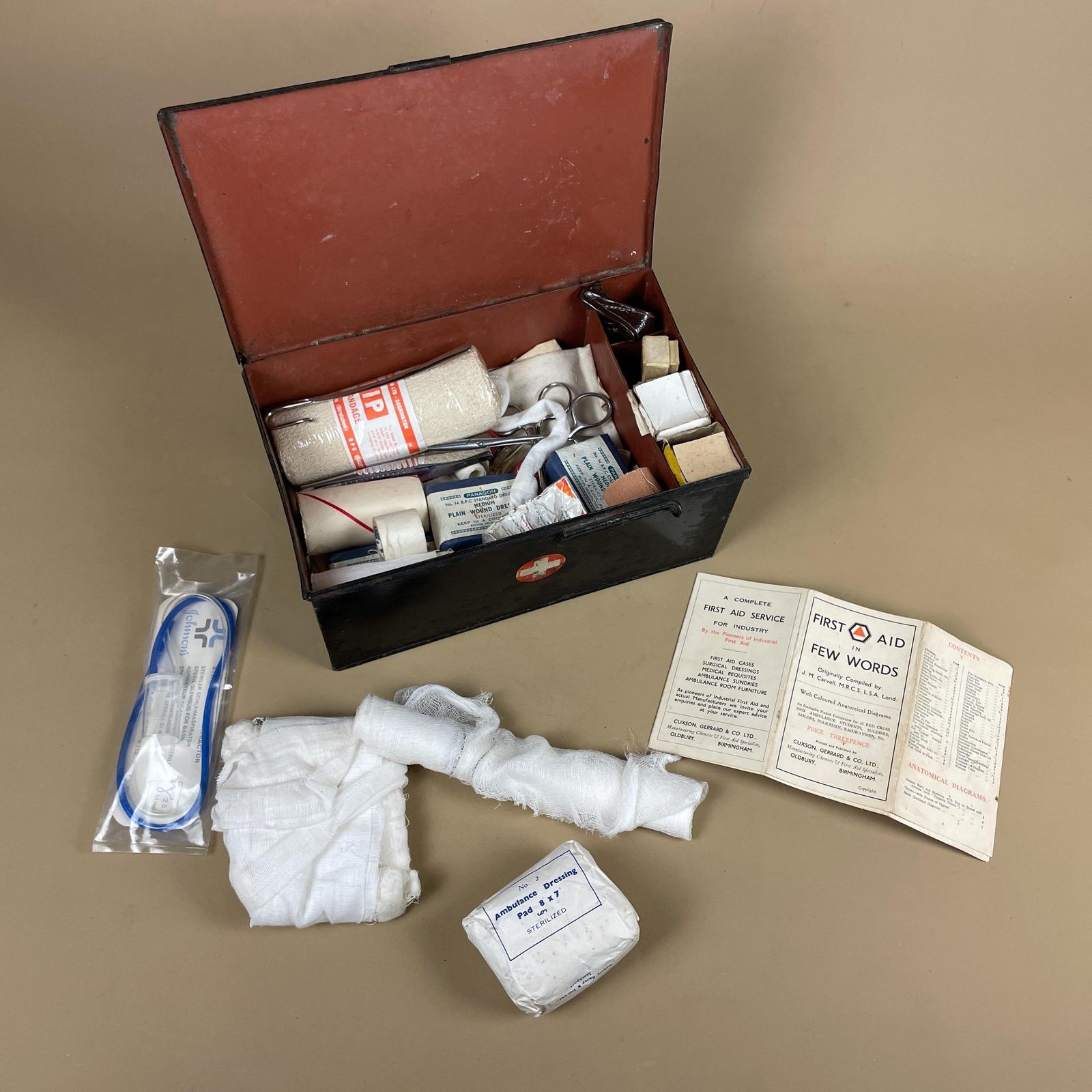 photo furniture Vintage Metal First Aid Box With Contents Black Steel Wartime Ww2 Medical 1940's Boots Kit Industrial Emergency Box Complete Supplies Set