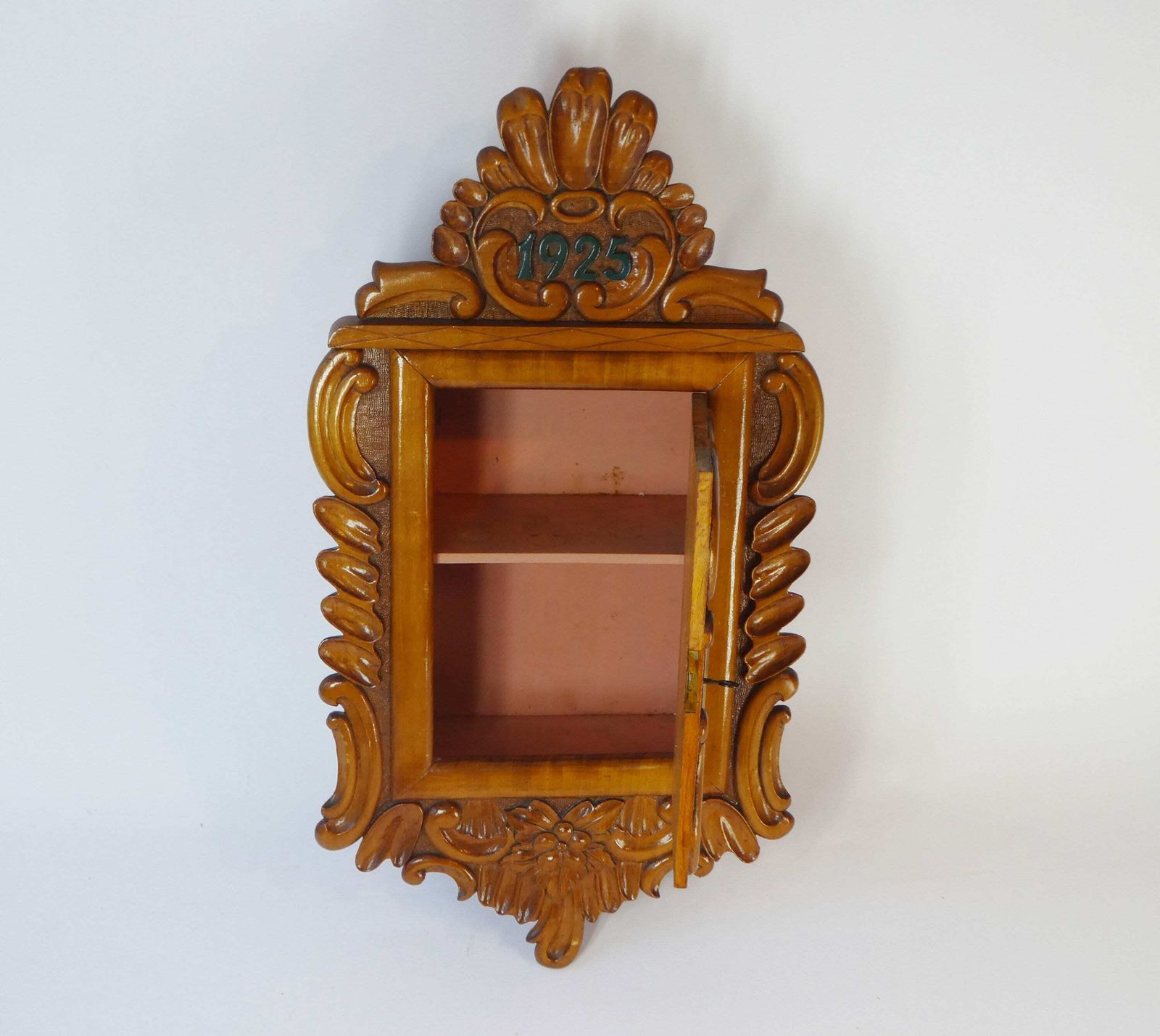 Antique 1925 German Floral Hand Carved Wooden Wall Cabinet, Small Wall Medicine Cabinet, Old Apothecary With Lock And Key photo vinterior