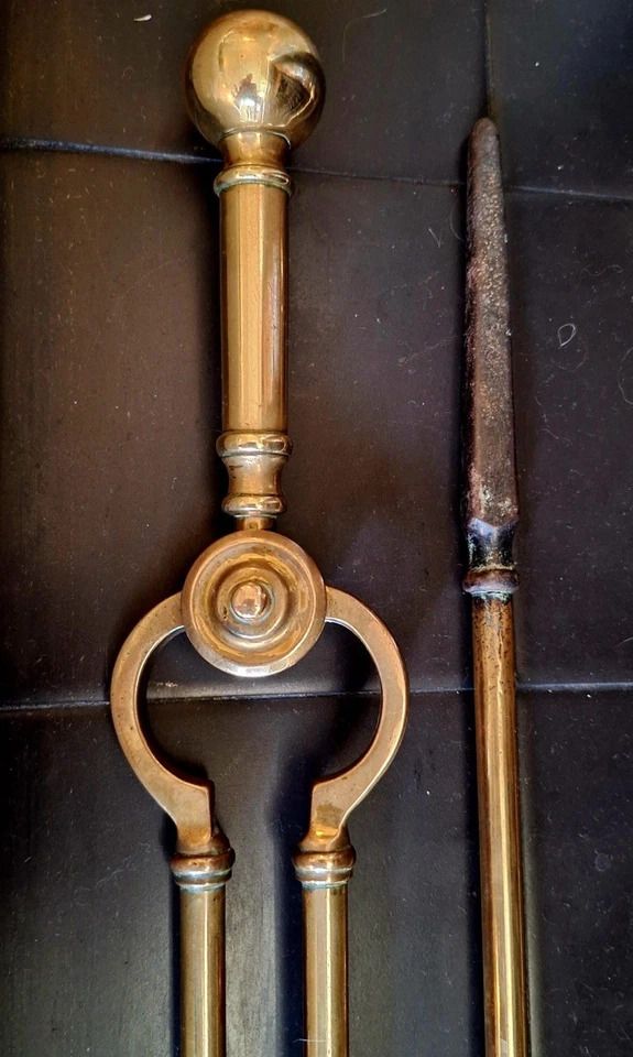 Edwardian 3 X Brass Fire Irons, Fire Tools, Companion Set, Pierce Design photo for sale