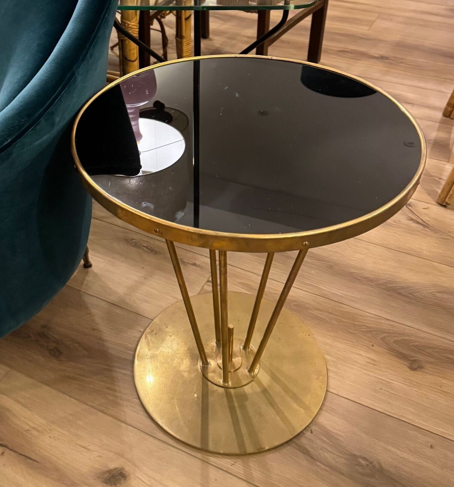An Italian Brass And Black Glass Circular Side Tables photo 1050.0