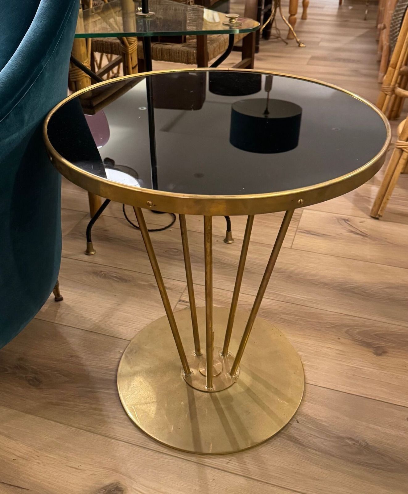 An Italian Brass And Black Glass Circular Side Tables photo buy