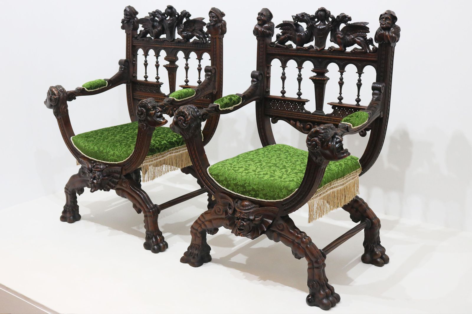 photo vinterior Rare Pair Of Gothic Revival Chairs By Victor Aimone 19th Century Dragons Knights
