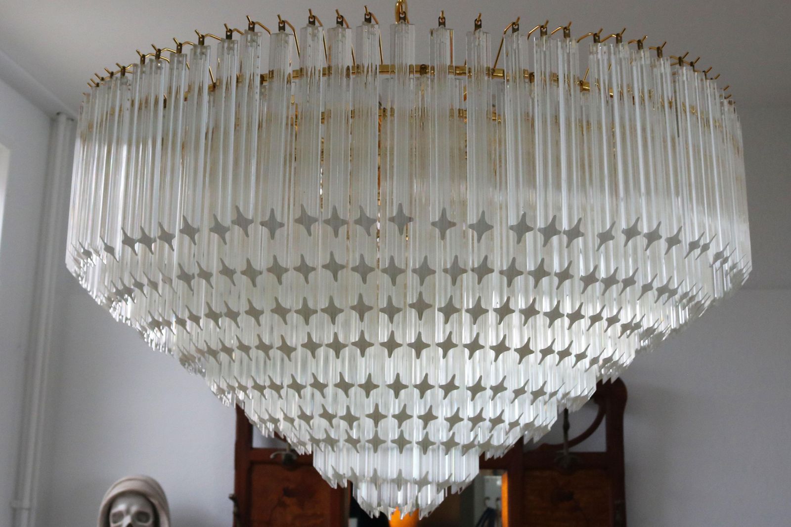 Monumental Murano Quadriedri Chandelier Venini 1980 Regency Italian Glass Brass photo for sale