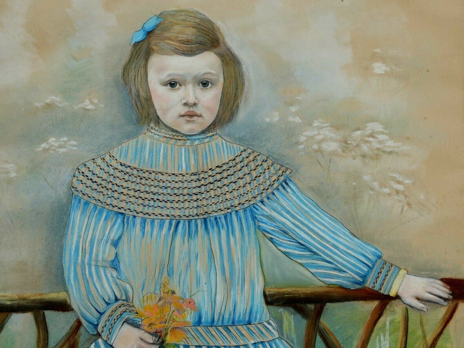 Signed 'Turn Of The Century' Naive Pastel Painting Of A Young French Girl photo furniture
