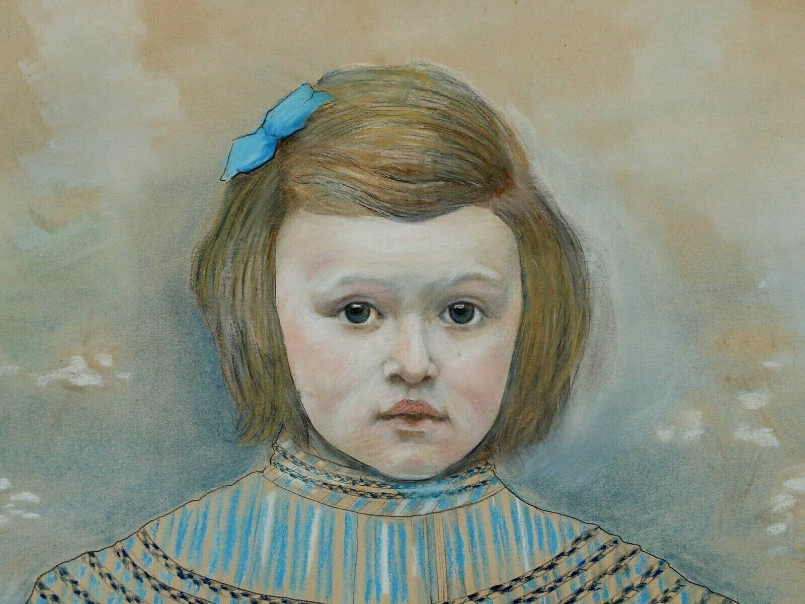 Signed 'Turn Of The Century' Naive Pastel Painting Of A Young French Girl photo Art