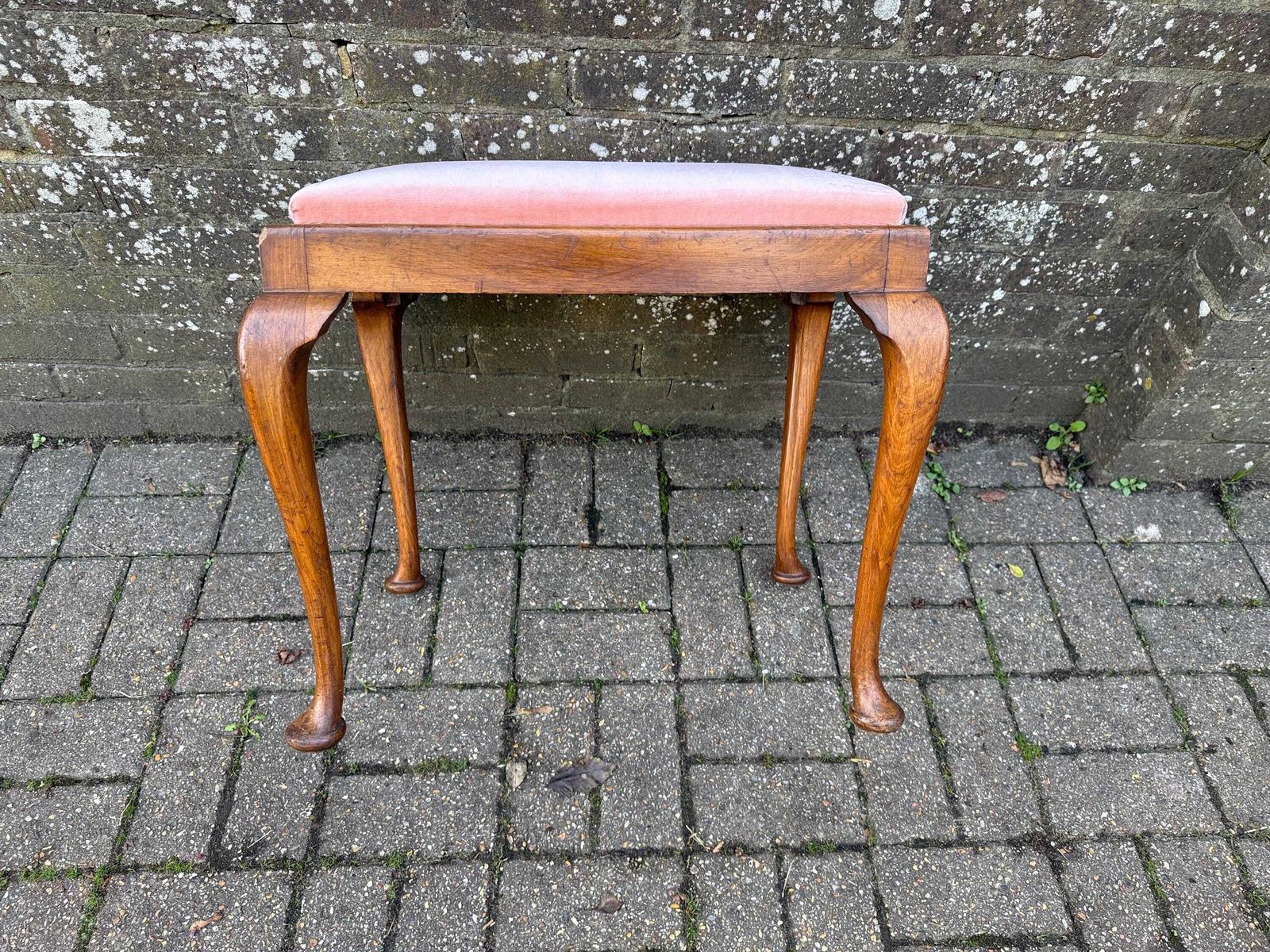 photo buy Antique 1920s Queen Anne Revival Stool With Cabriole Legs, Reupholstered Pink Velveteen Vintage Seating