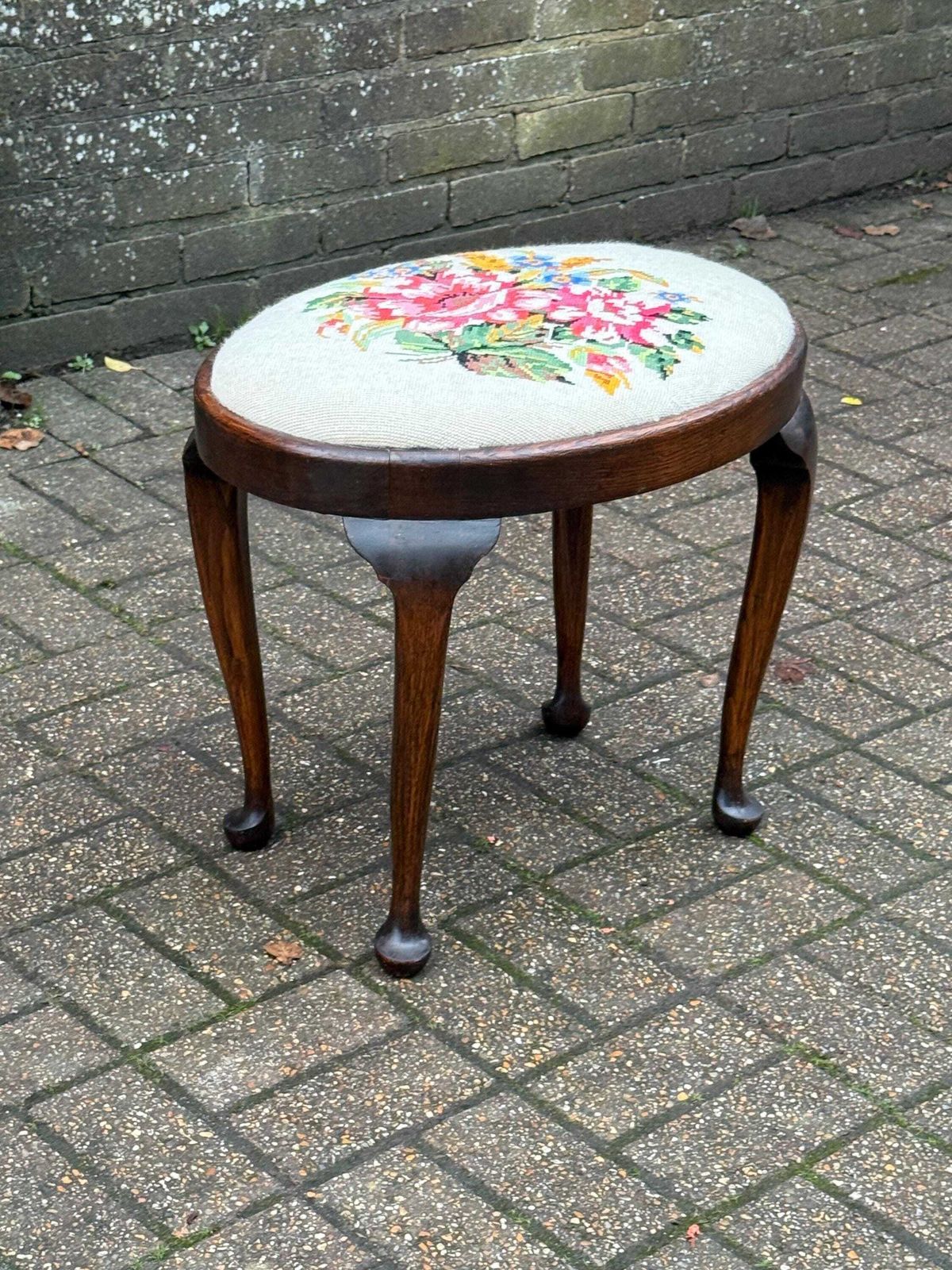 Vintage Circa 1950s Queen Anne Tapestry Footstool With Floral Needlepoint And Dark Oak Frame photo for sale