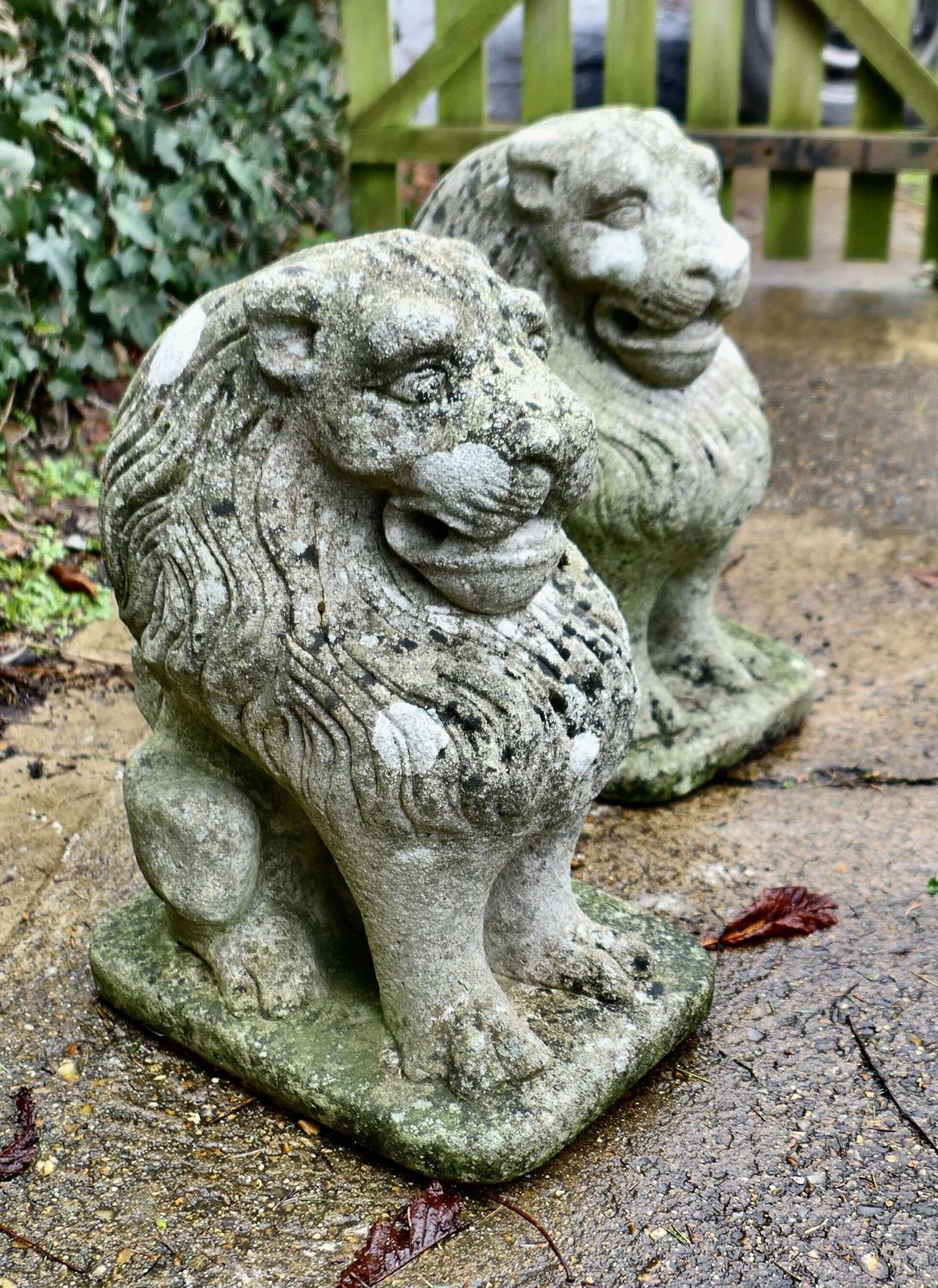 Pair Of Stone Lion Guardians These Are Weathered Statues Of 2 Lions photo Garden Decor