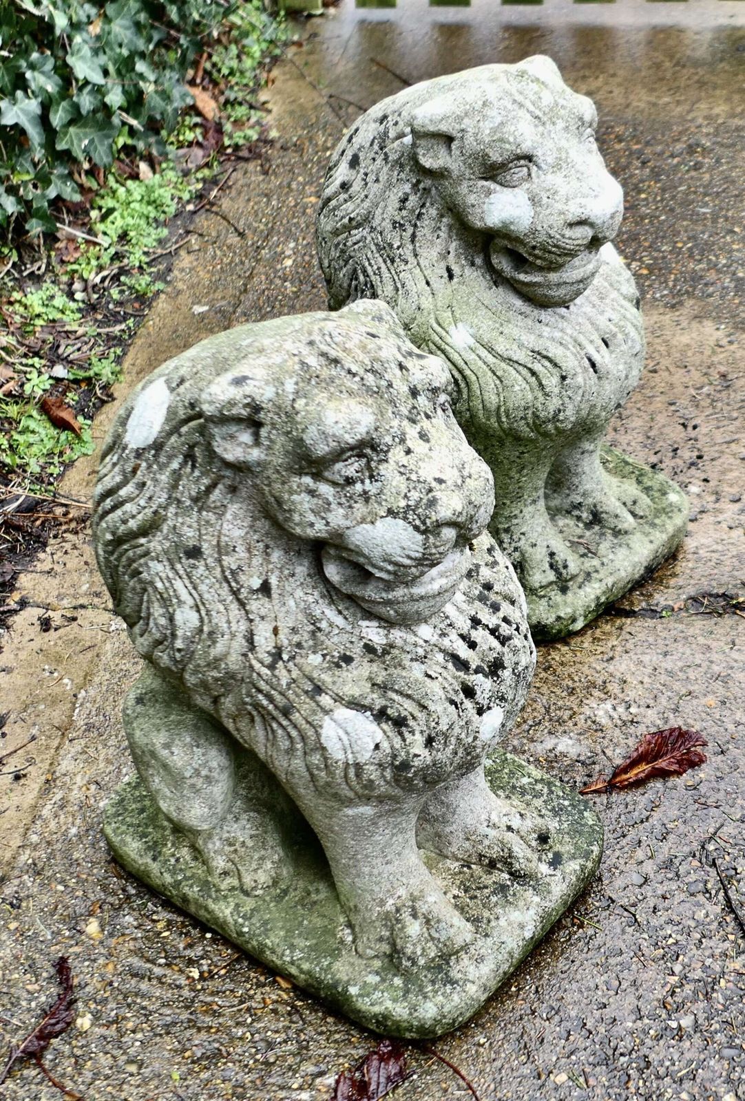 Pair Of Stone Lion Guardians These Are Weathered Statues Of 2 Lions photo 1140.0